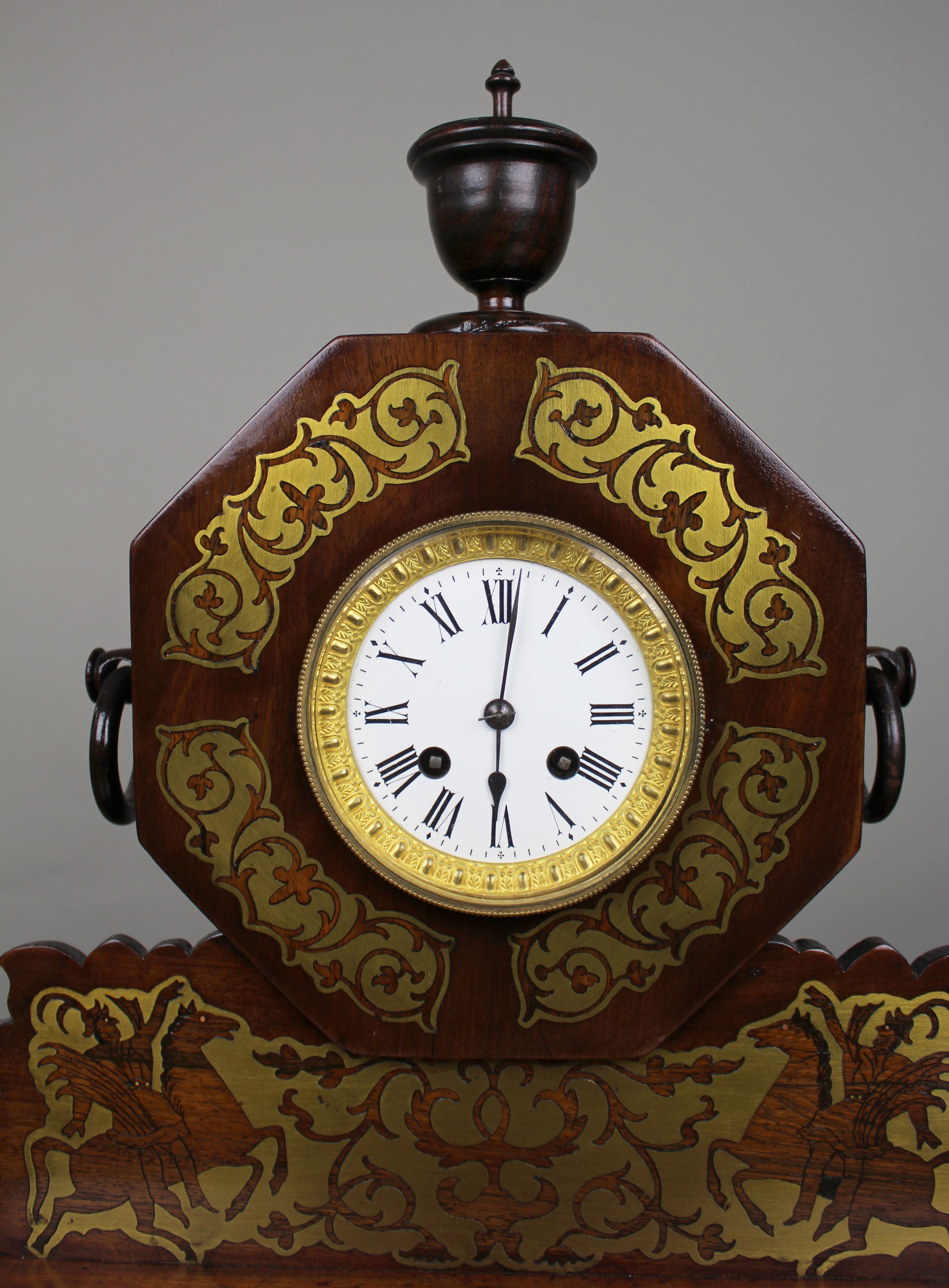 French Antique 19th-Century Brass Inlaid Mantel Clock For Sale