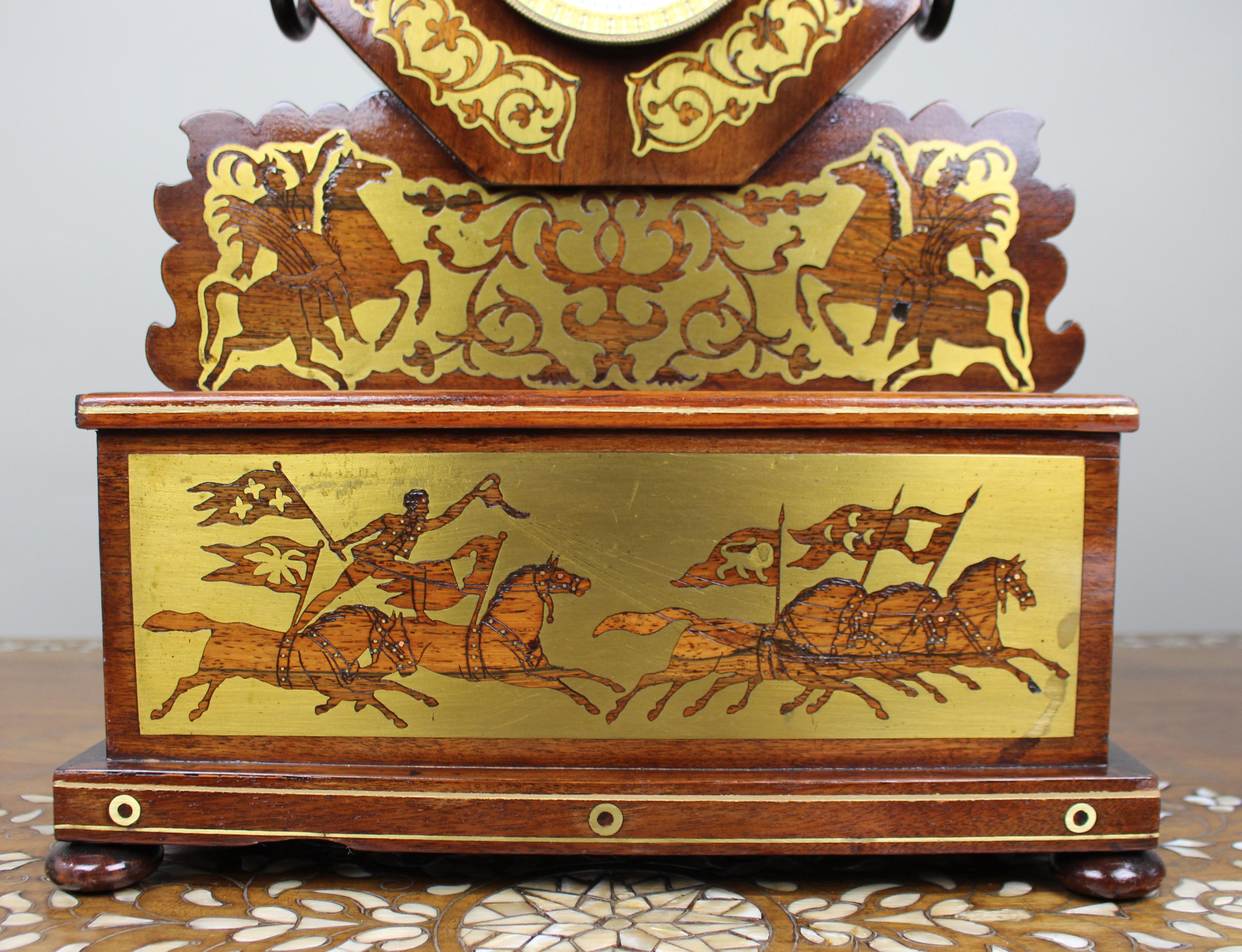 Antique 19th-Century Brass Inlaid Mantel Clock In Good Condition For Sale In Worcester, GB