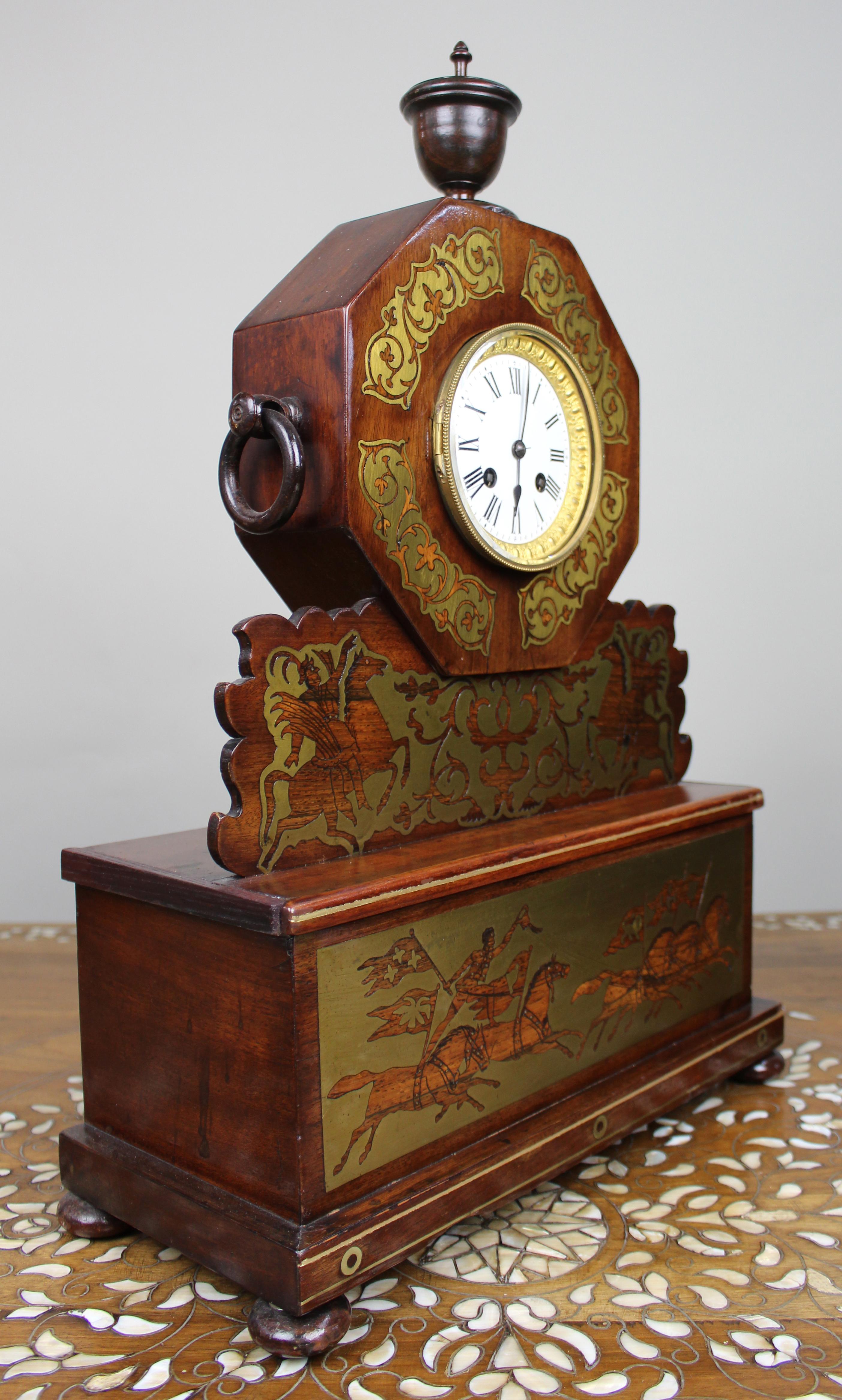 19th Century Antique 19th-Century Brass Inlaid Mantel Clock For Sale