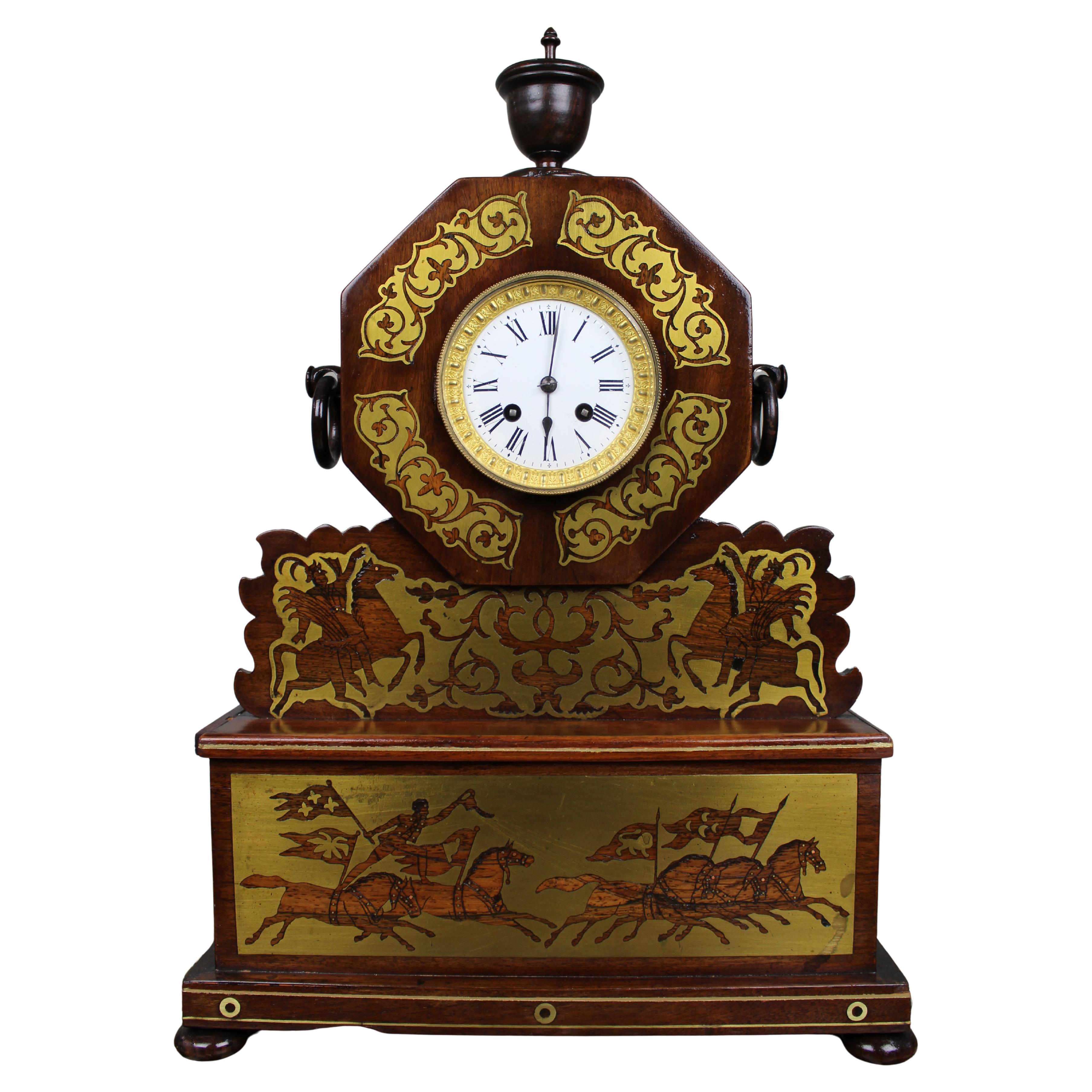 Antique 19th-Century Brass Inlaid Mantel Clock
