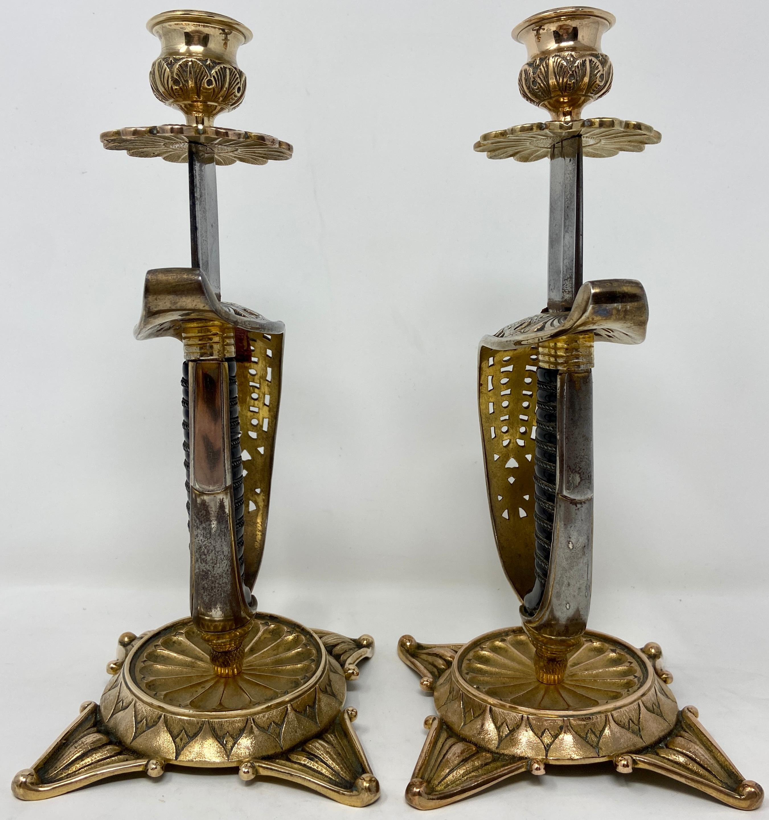 Wonderful Antique 19th century brass and polished steel swords converted into candle sticks, Circa 1860-1870. Beautiful hand-wrought pieces.
Most likely Austrian.