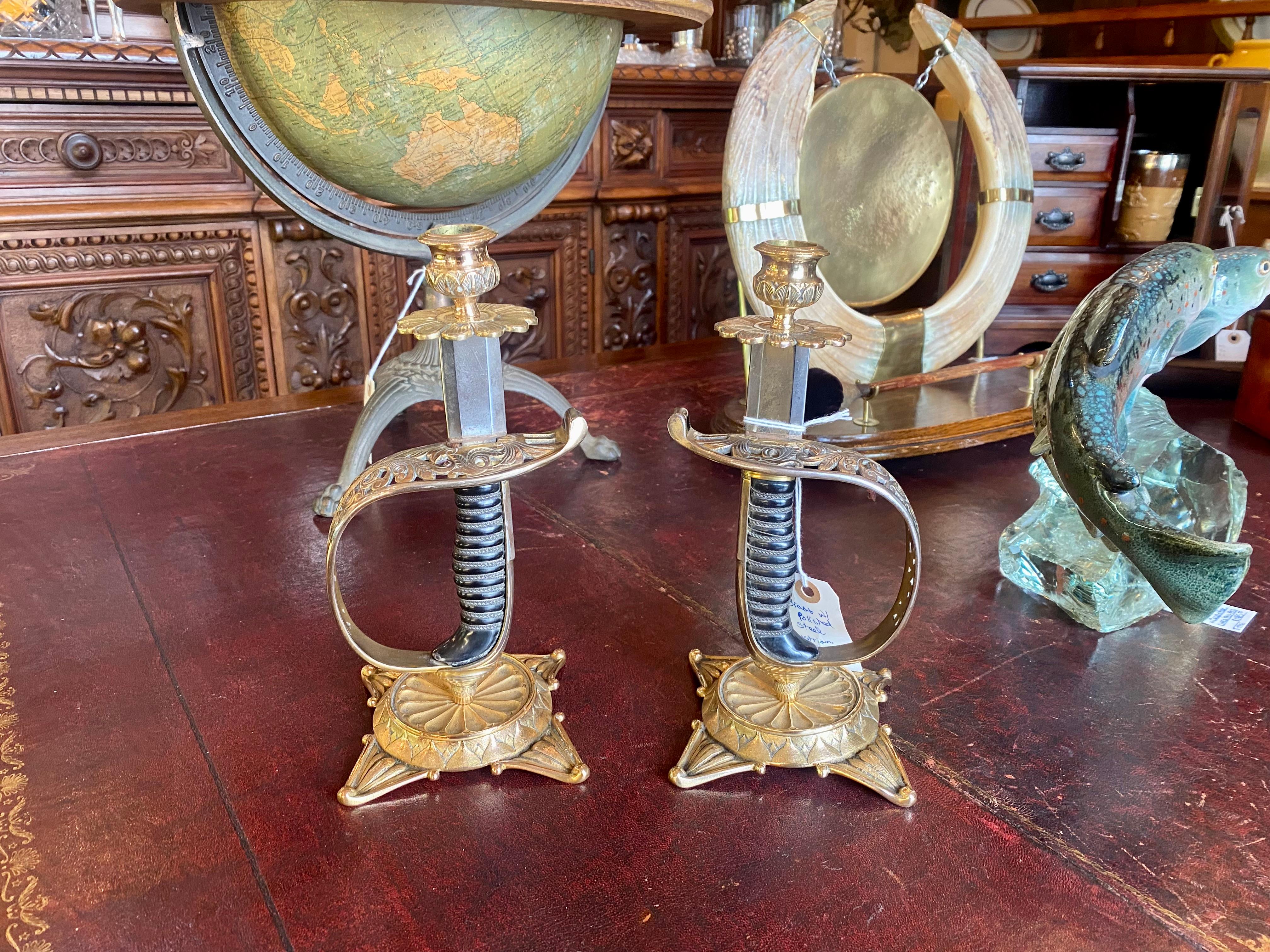Antique 19th Century Brass Swords Converted into Candle Sticks, Circa 1860-1870 5