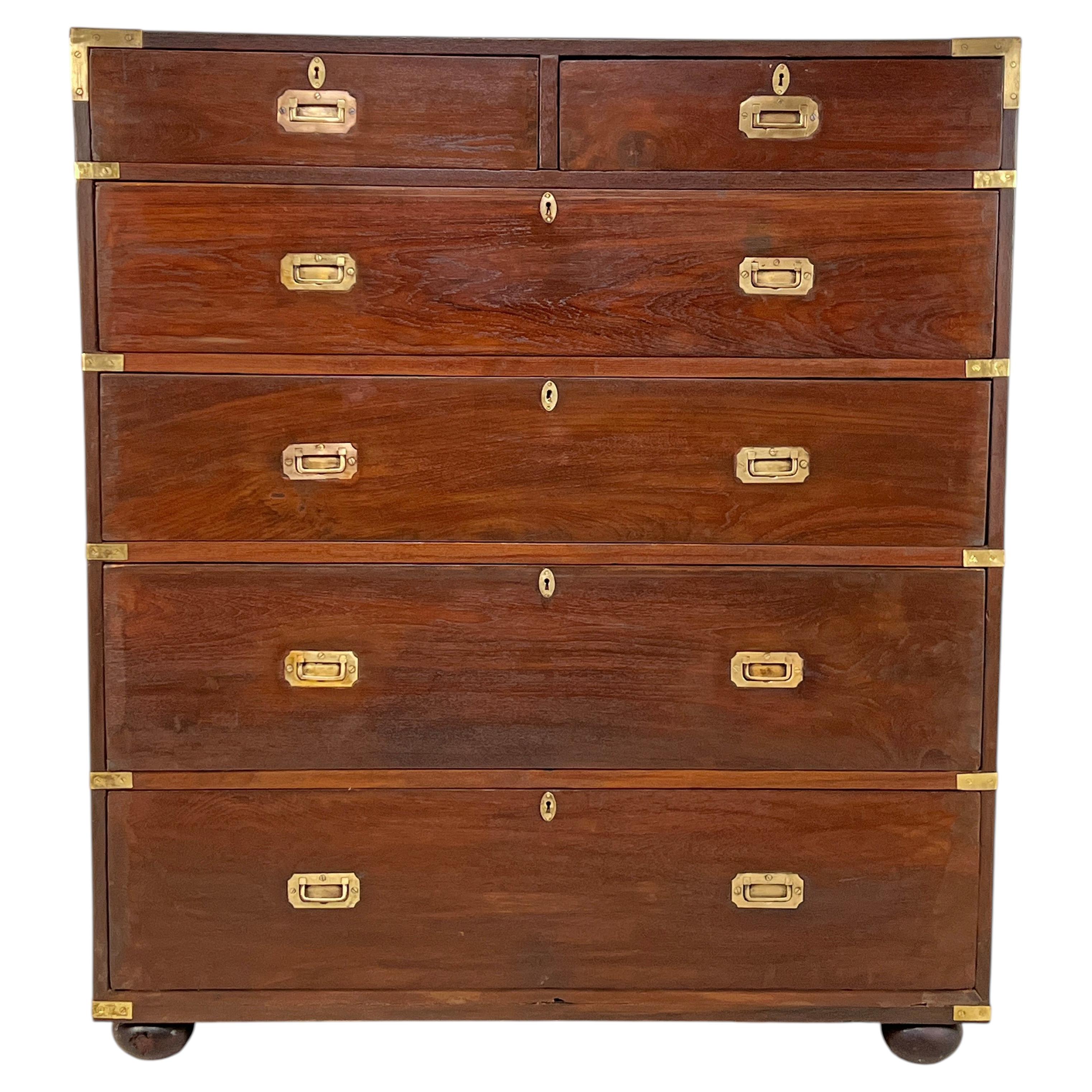 Antique 19th Century British Campaign Tall Chest, Mahogany With Brass Hardware