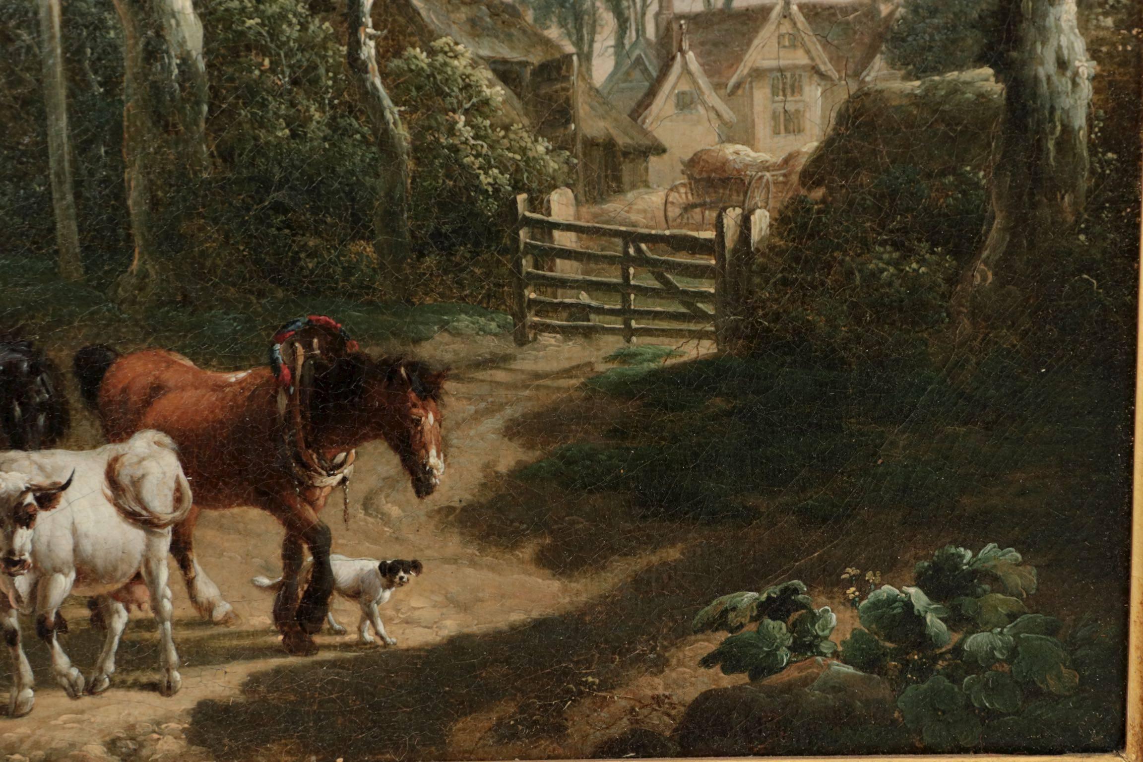 Antique 19th Century British School Oil Painting of Farmer and Animals 1