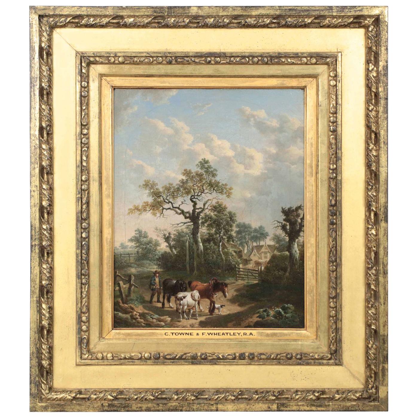 Antique 19th Century British School Oil Painting of Farmer and Animals