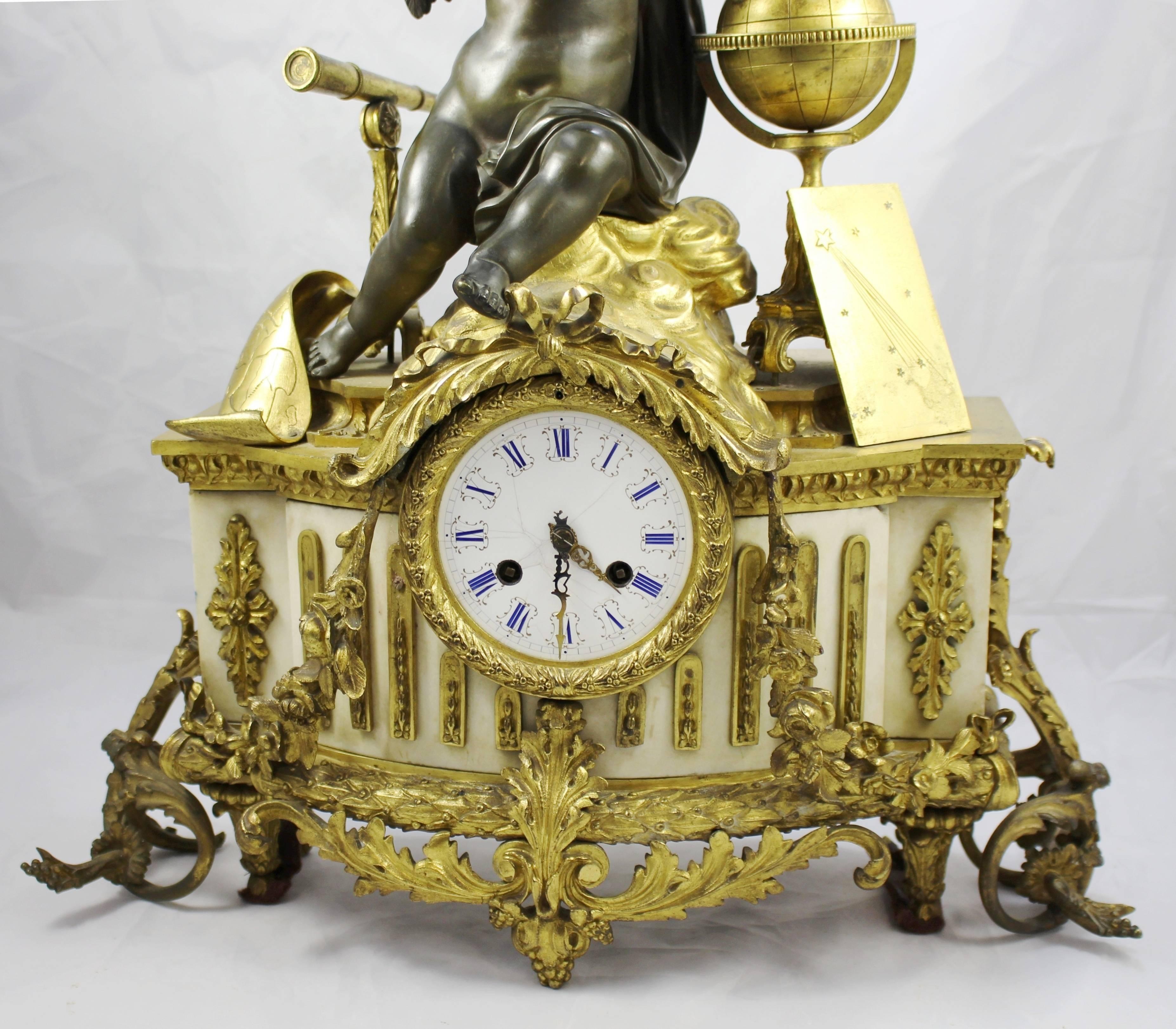 Antique 19th Century Bronze and Marble Ormolu Mantle Clock For Sale 4