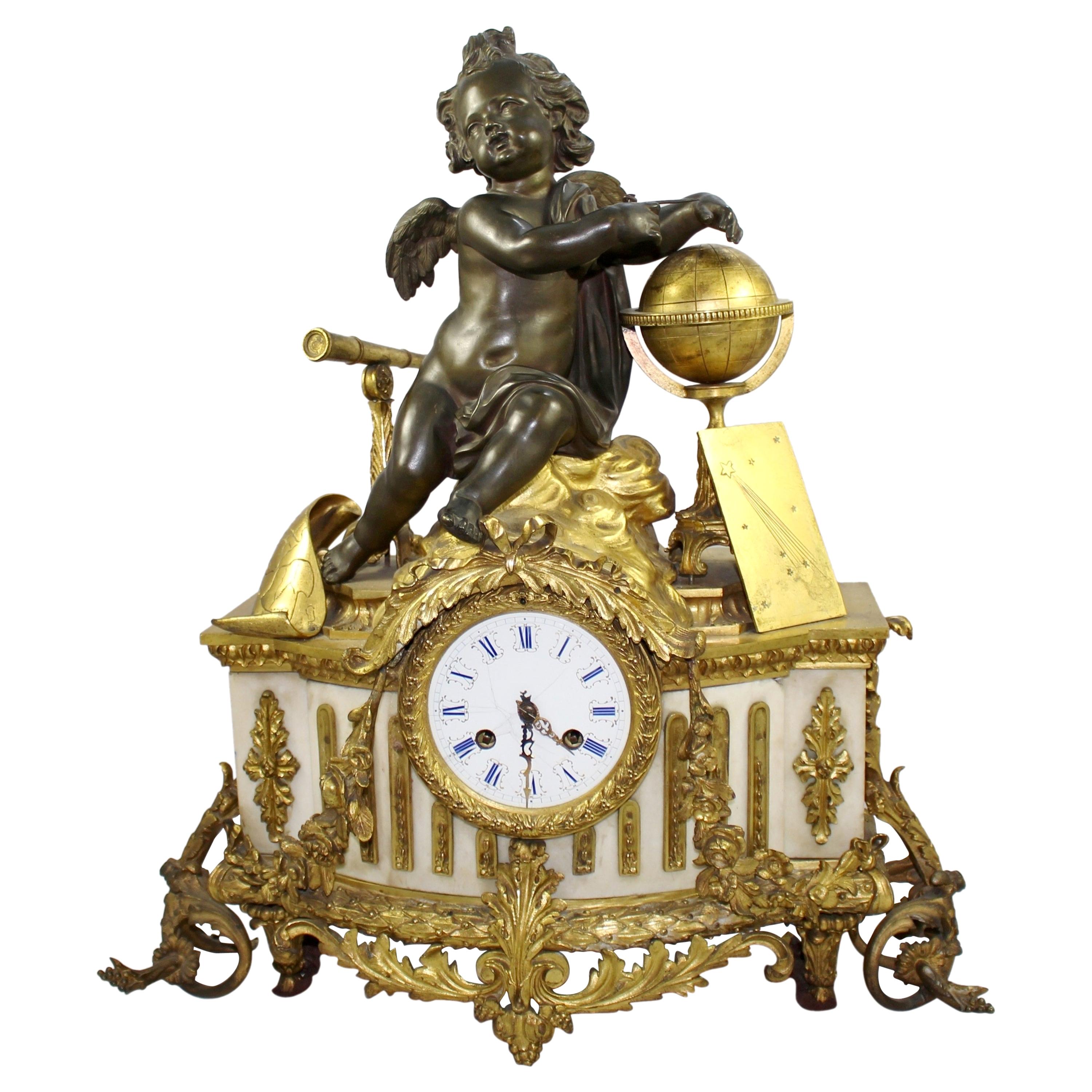 Antique 19th Century Bronze and Marble Ormolu Mantle Clock For Sale