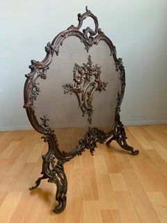 Antique 19th Century Bronze and Wrought Iron Fire Screen with Mint Wire Mesh