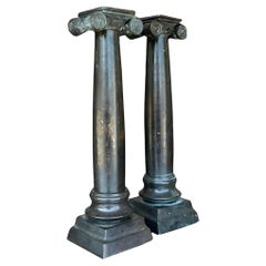 Antique 19th Century Bronze Column Candlesticks - a Pair