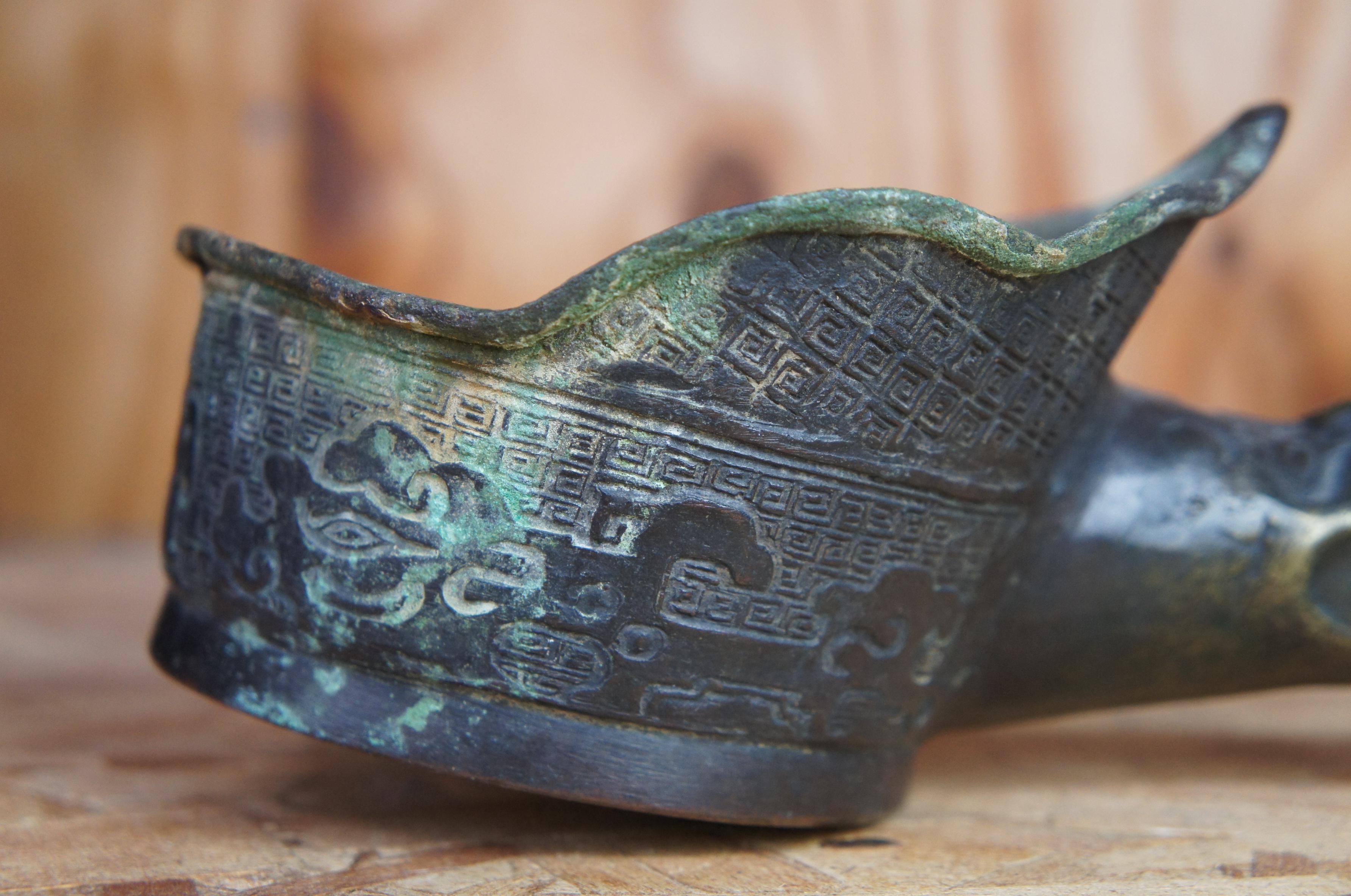 Antique 19th Century Bronze Dragon Libation Warming Cup Handled Ladle Dipper 2