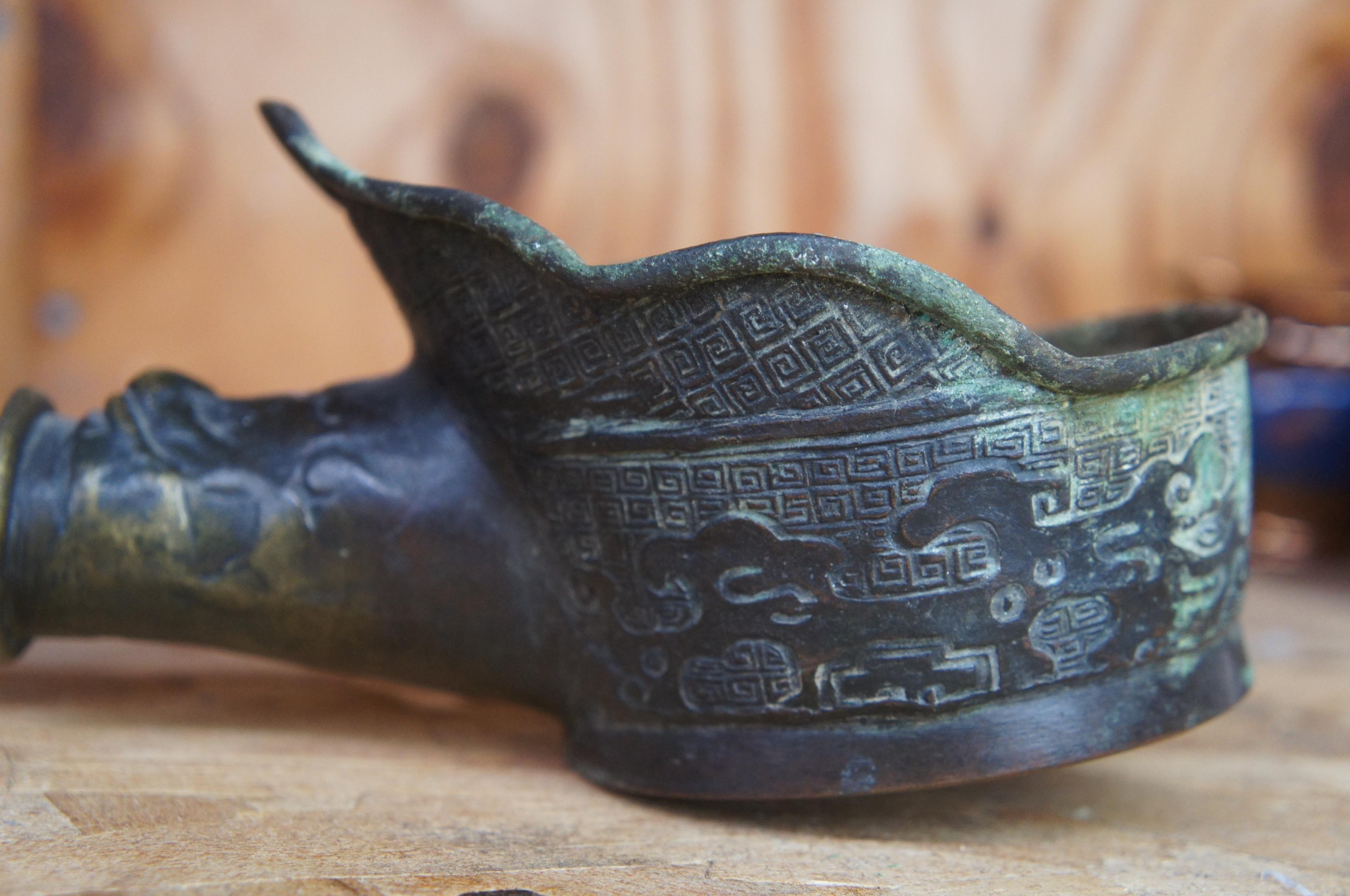 Antique 19th Century Bronze Dragon Libation Warming Cup Handled Ladle Dipper 4
