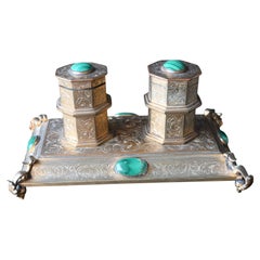 Antique 19th century bronze gilded inkwell with malachite