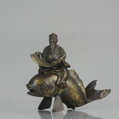 Antique 19th Century Bronze Incense Burner Carp Wise Men Book Chinese Qing
