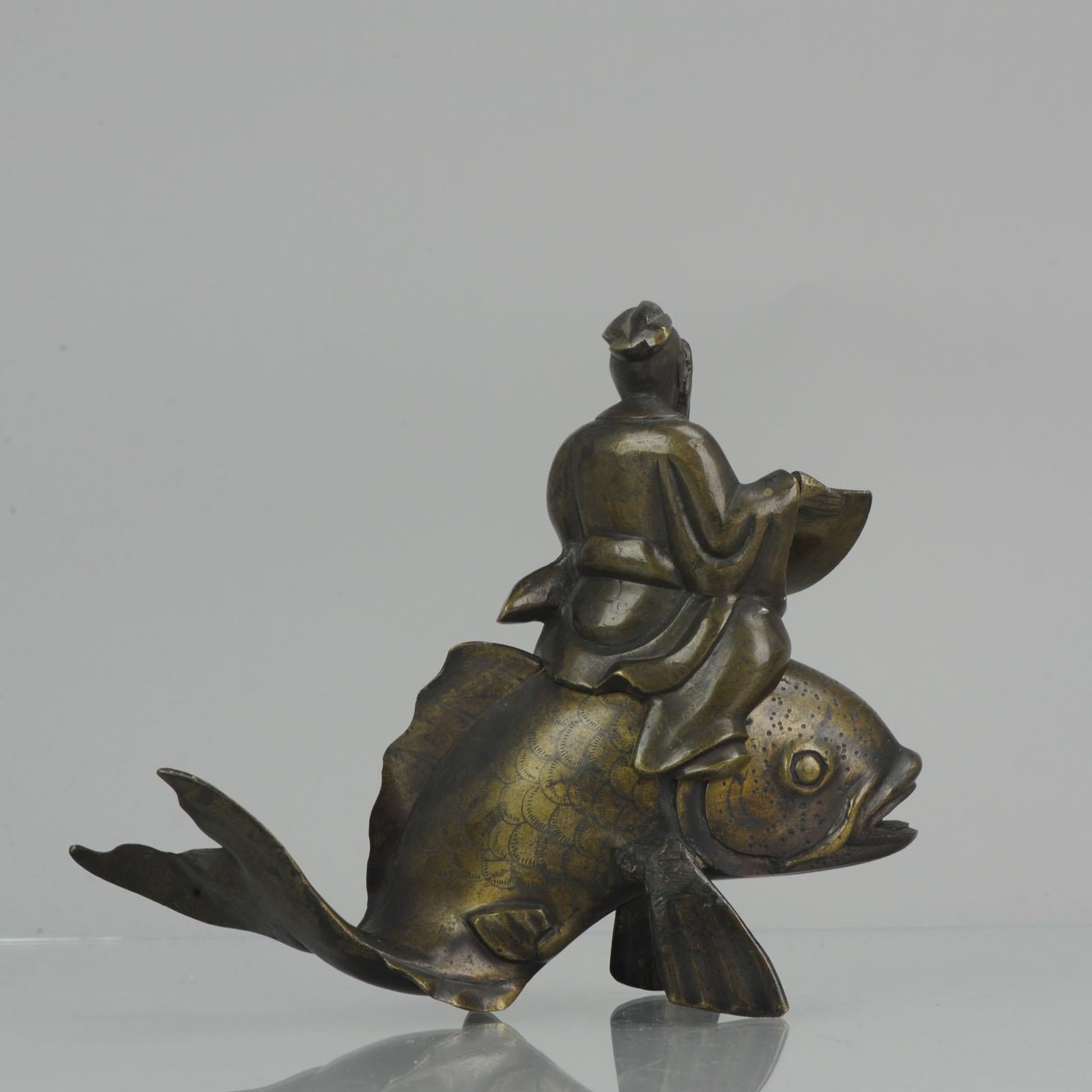 Antique 19th Century Bronze Incense Burner Carp Wise Men Book Chinese Qing 1