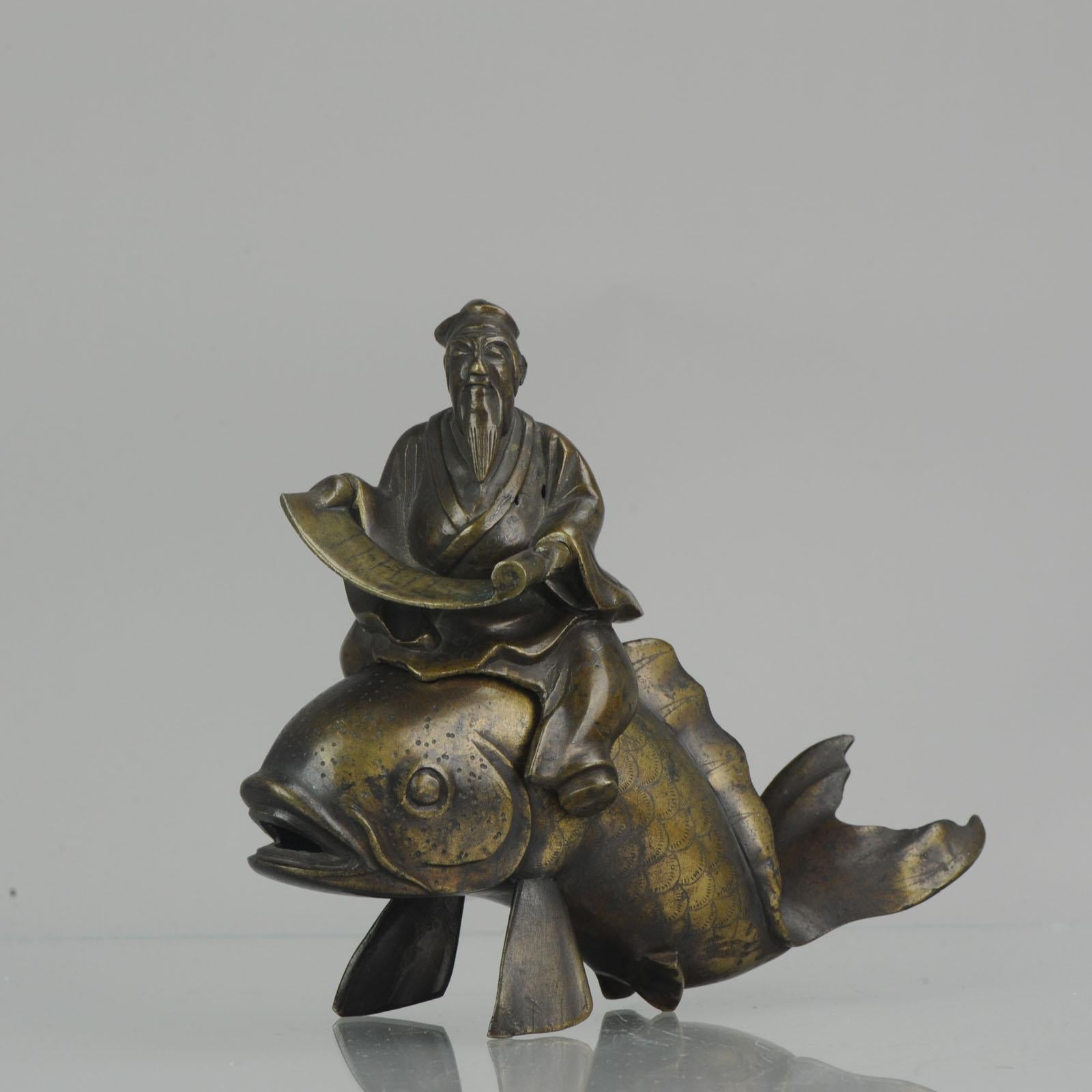 Antique 19th Century Bronze Incense Burner Carp Wise Men Book Chinese Qing 3