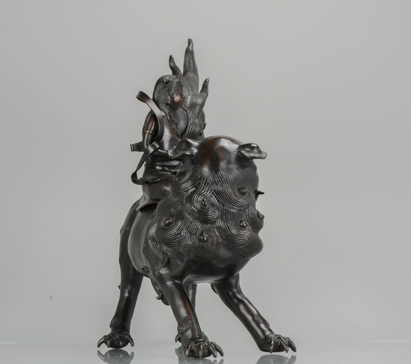 Antique 19th Century Bronze Incense Burner Monju on a Lion Japanese Meiji Period 7