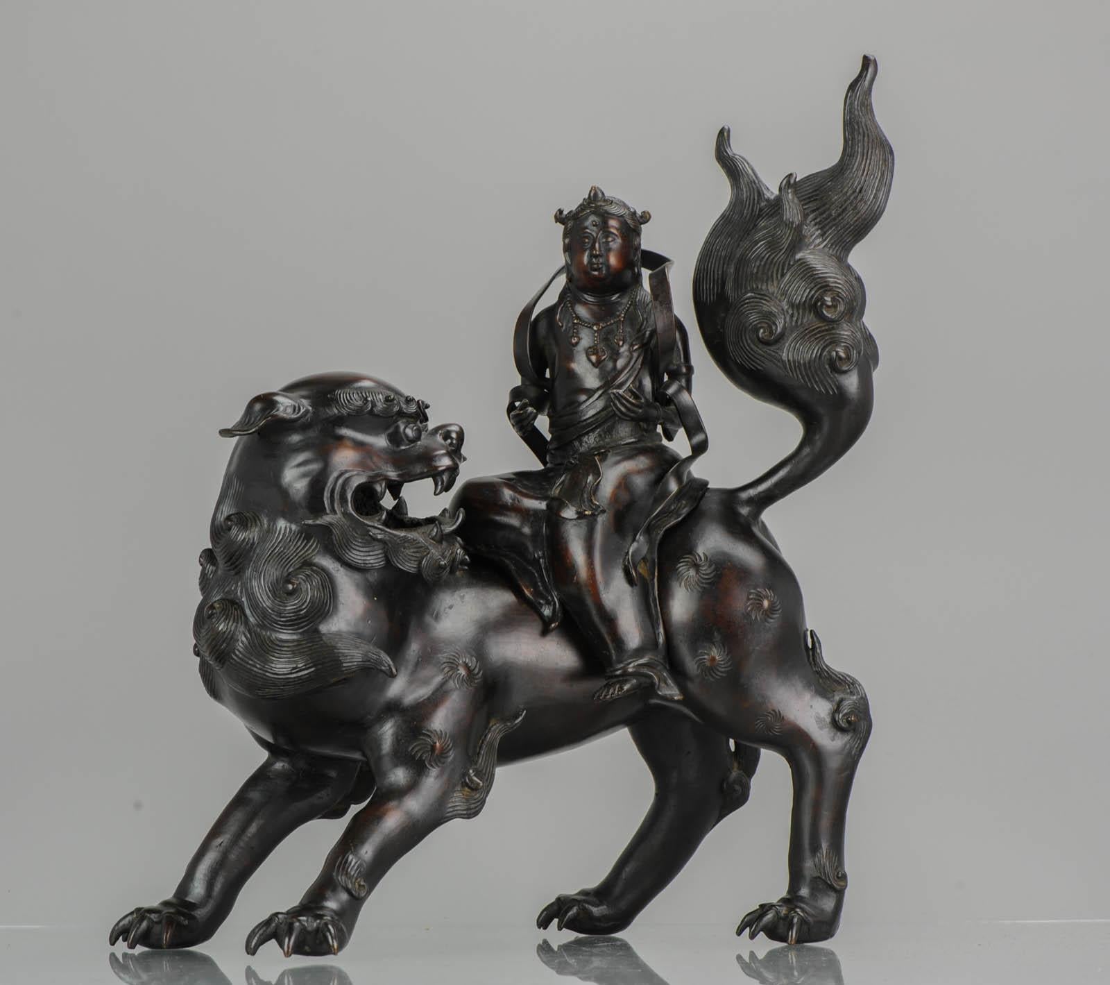 Antique 19th Century Bronze Incense Burner Monju on a Lion Japanese Meiji Period 8