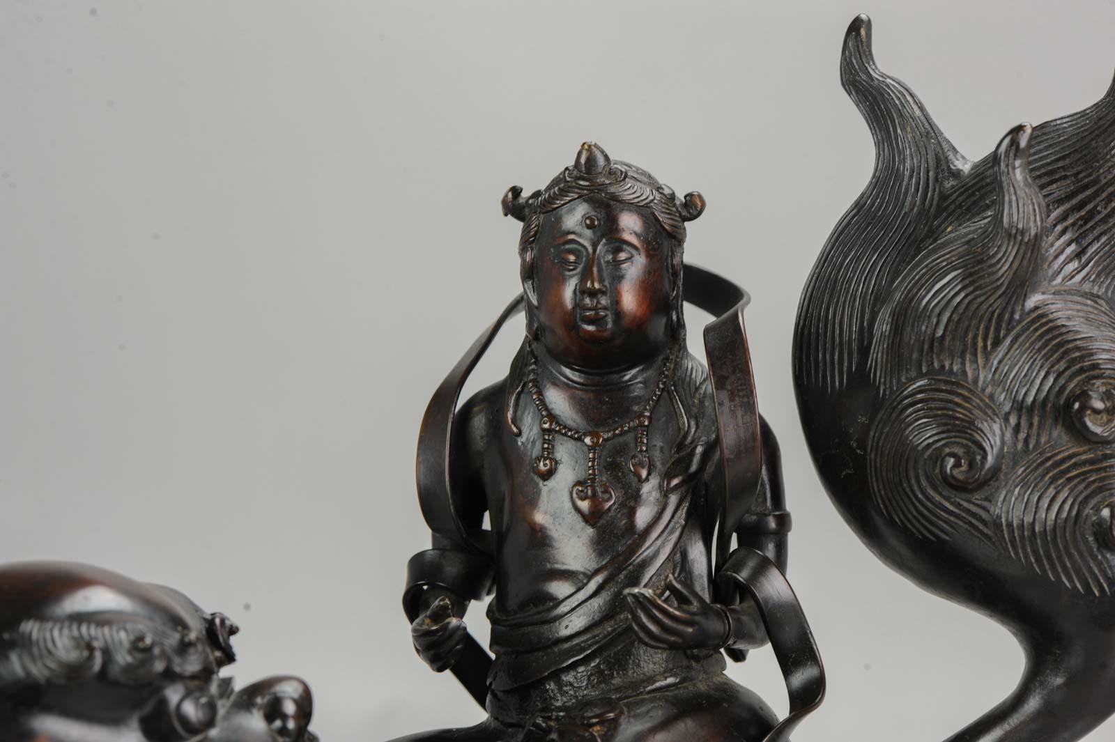 Antique 19th Century Bronze Incense Burner Monju on a Lion Japanese Meiji Period 9