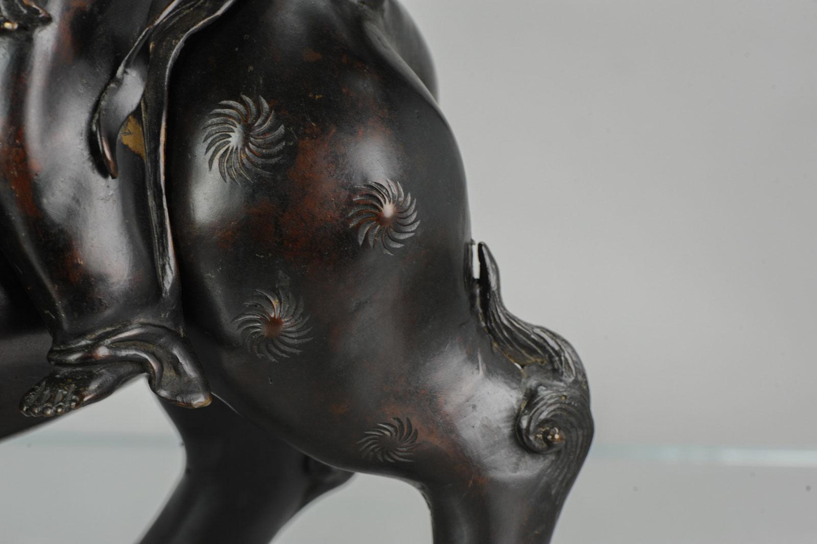 Antique 19th Century Bronze Incense Burner Monju on a Lion Japanese Meiji Period 11