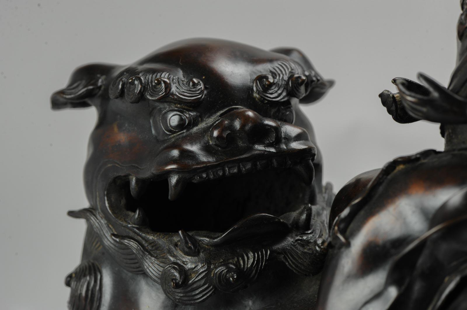 Antique 19th Century Bronze Incense Burner Monju on a Lion Japanese Meiji Period 12
