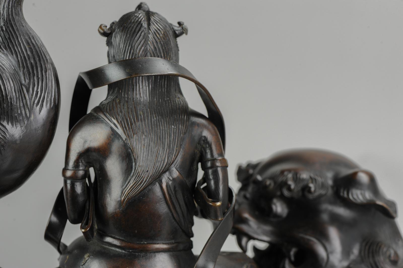 Antique 19th Century Bronze Incense Burner Monju on a Lion Japanese Meiji Period 13