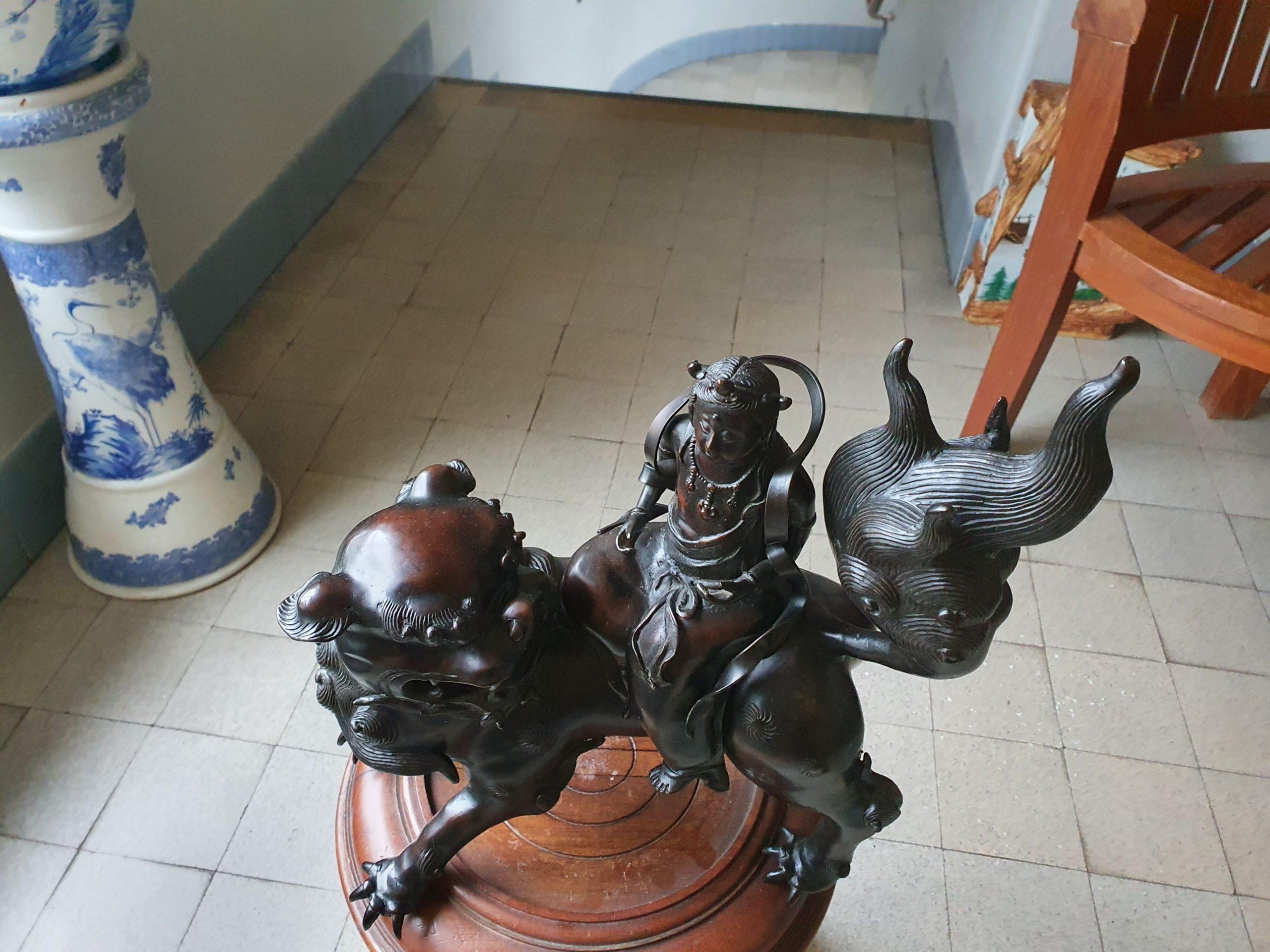 Antique 19th Century Bronze Incense Burner Monju on a Lion Japanese Meiji Period 14