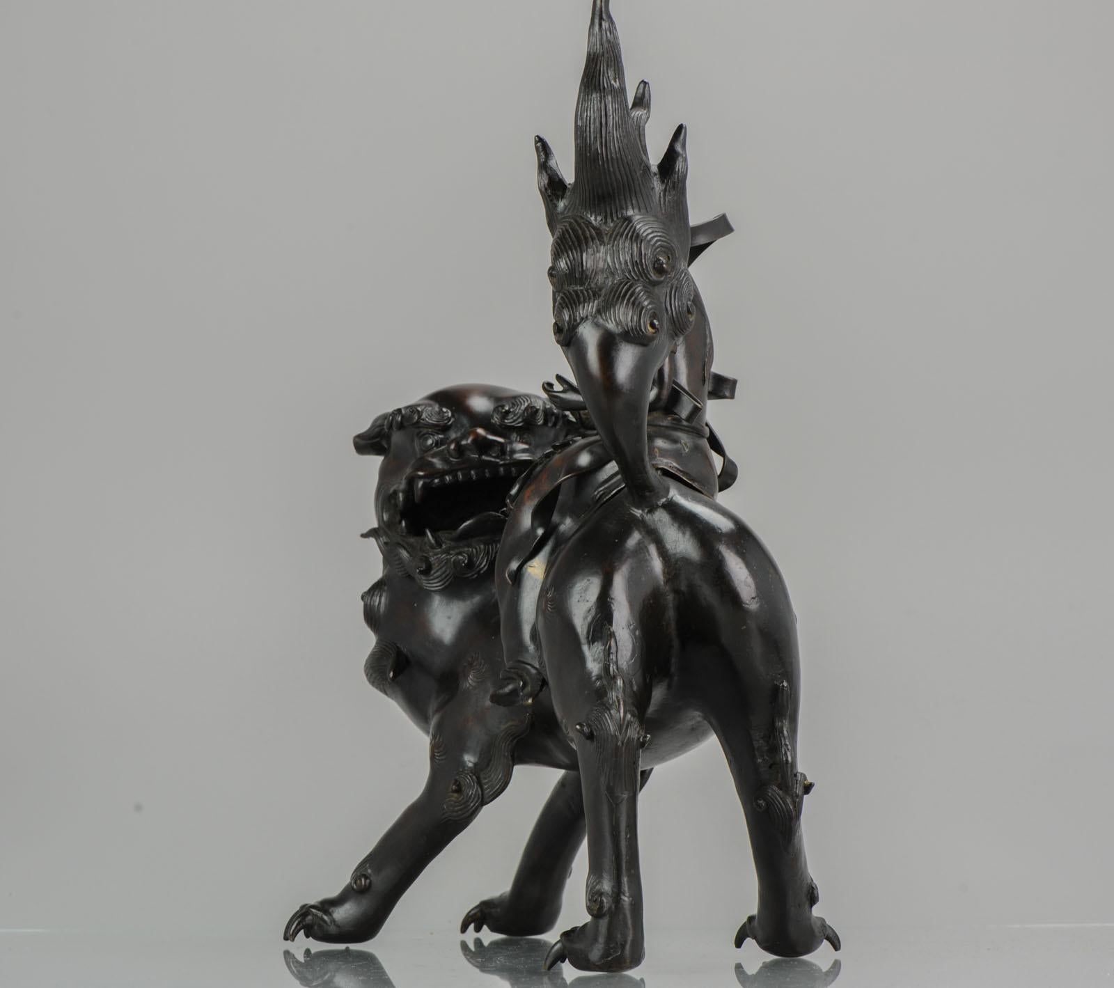 Antique 19th Century Bronze Incense Burner Monju on a Lion Japanese Meiji Period 1