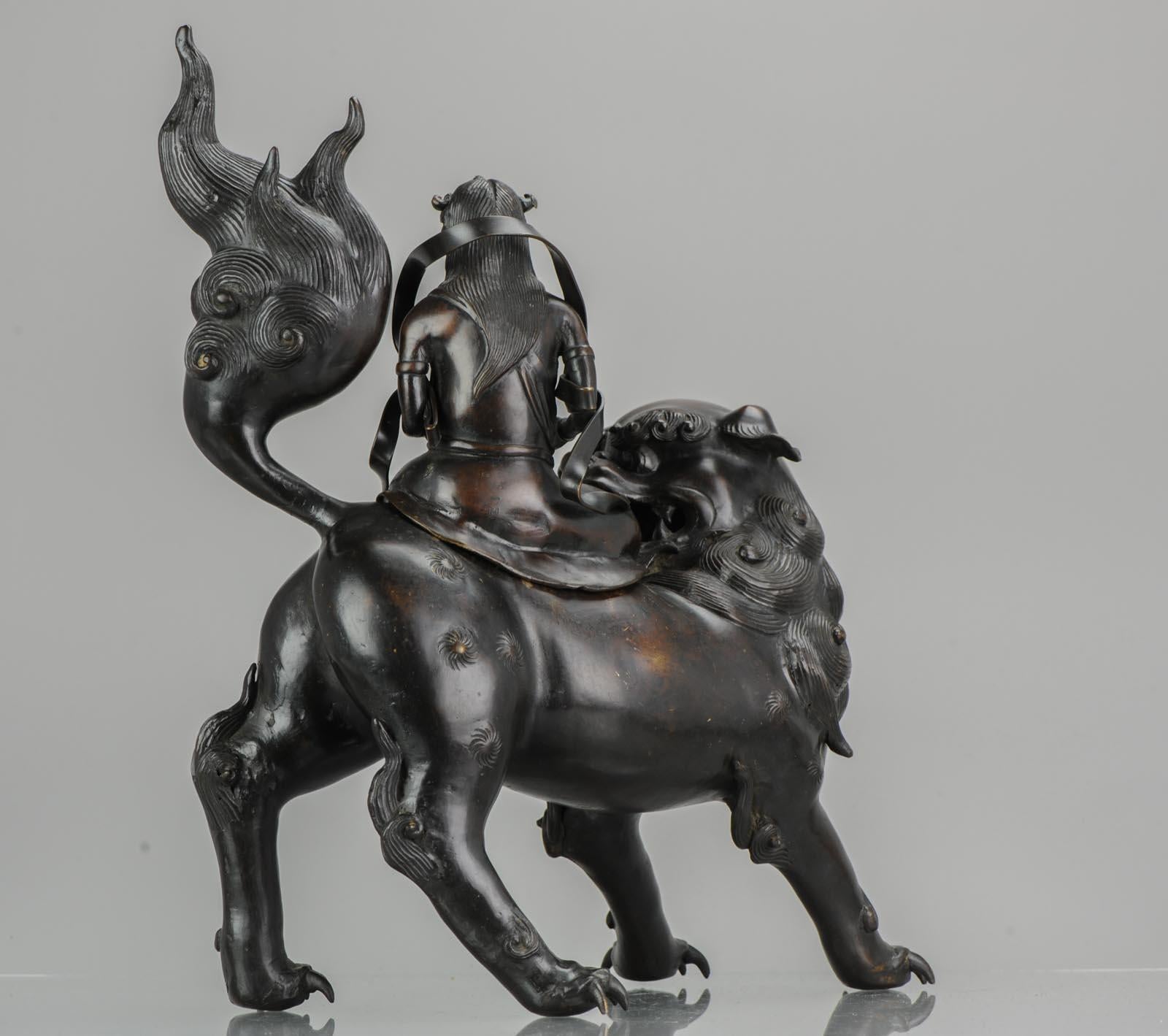 Antique 19th Century Bronze Incense Burner Monju on a Lion Japanese Meiji Period 3