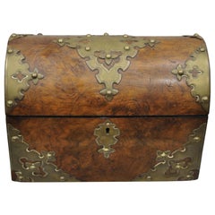 Antique 19th Century Burl Wood and Brass Tea Caddy Trinket Document Desk Box