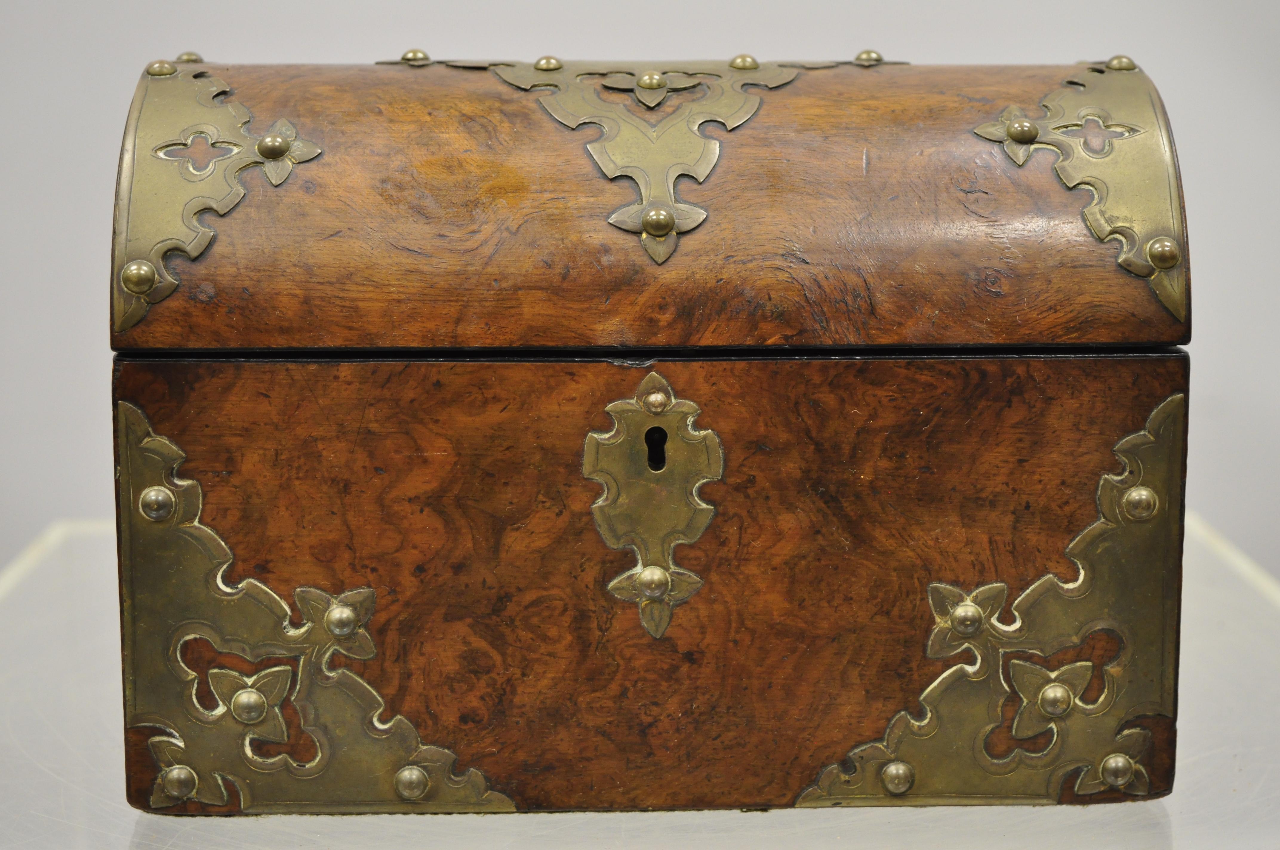 Antique 19th Century Burl Wood and Brass Tea Caddy Trinket Document Desk Box 8