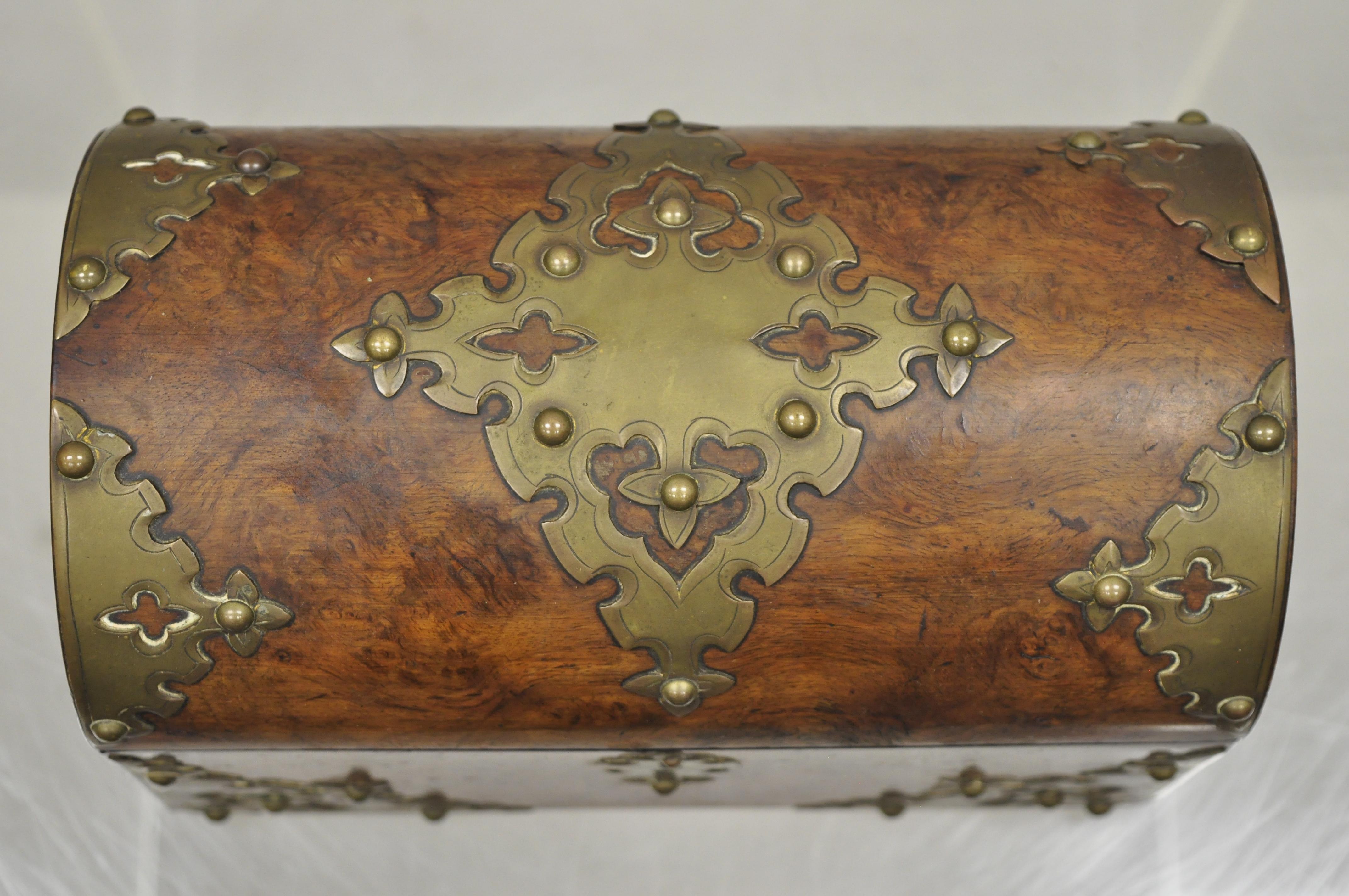 European Antique 19th Century Burl Wood and Brass Tea Caddy Trinket Document Desk Box