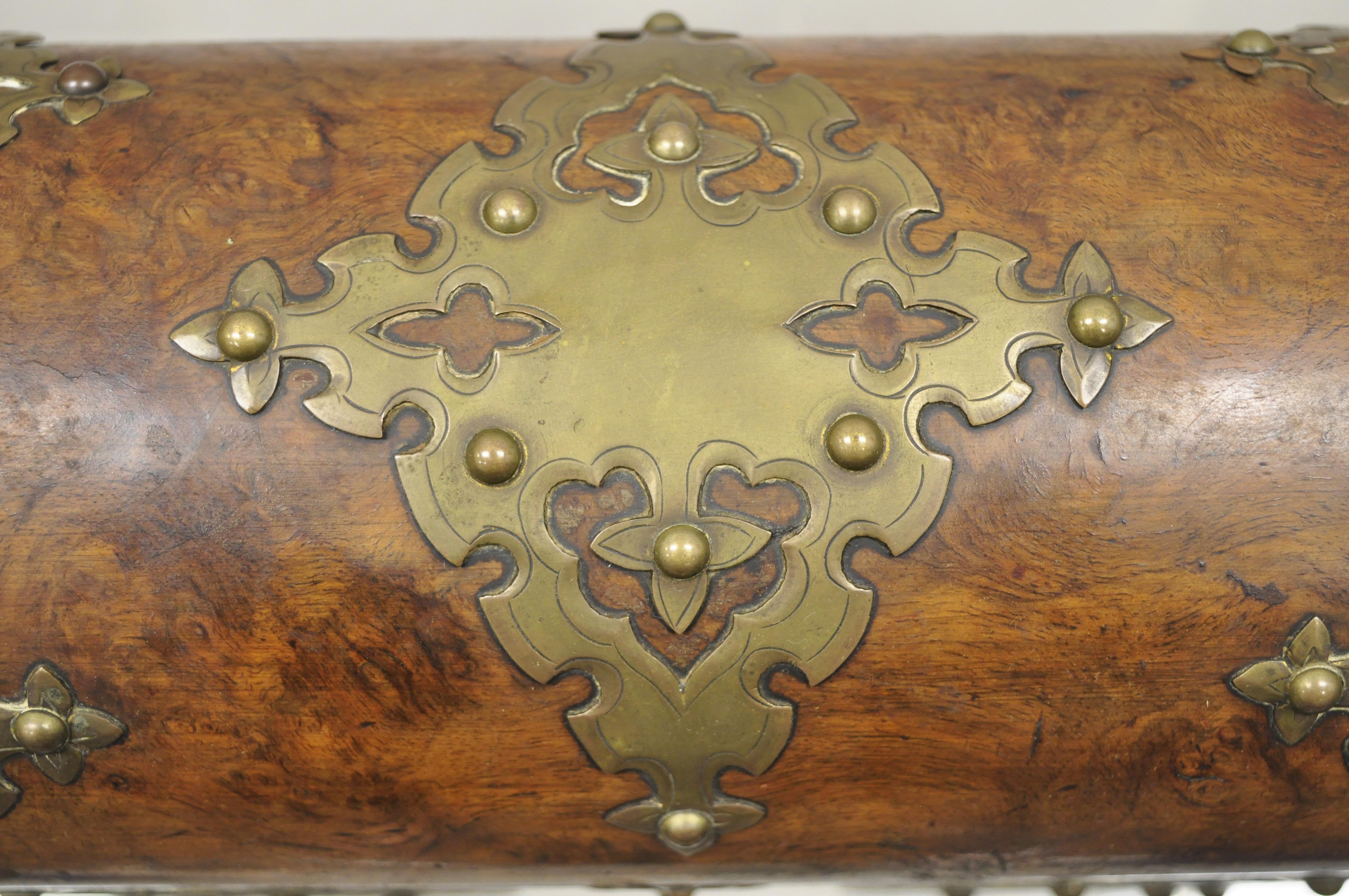 Antique 19th Century Burl Wood and Brass Tea Caddy Trinket Document Desk Box In Good Condition In Philadelphia, PA