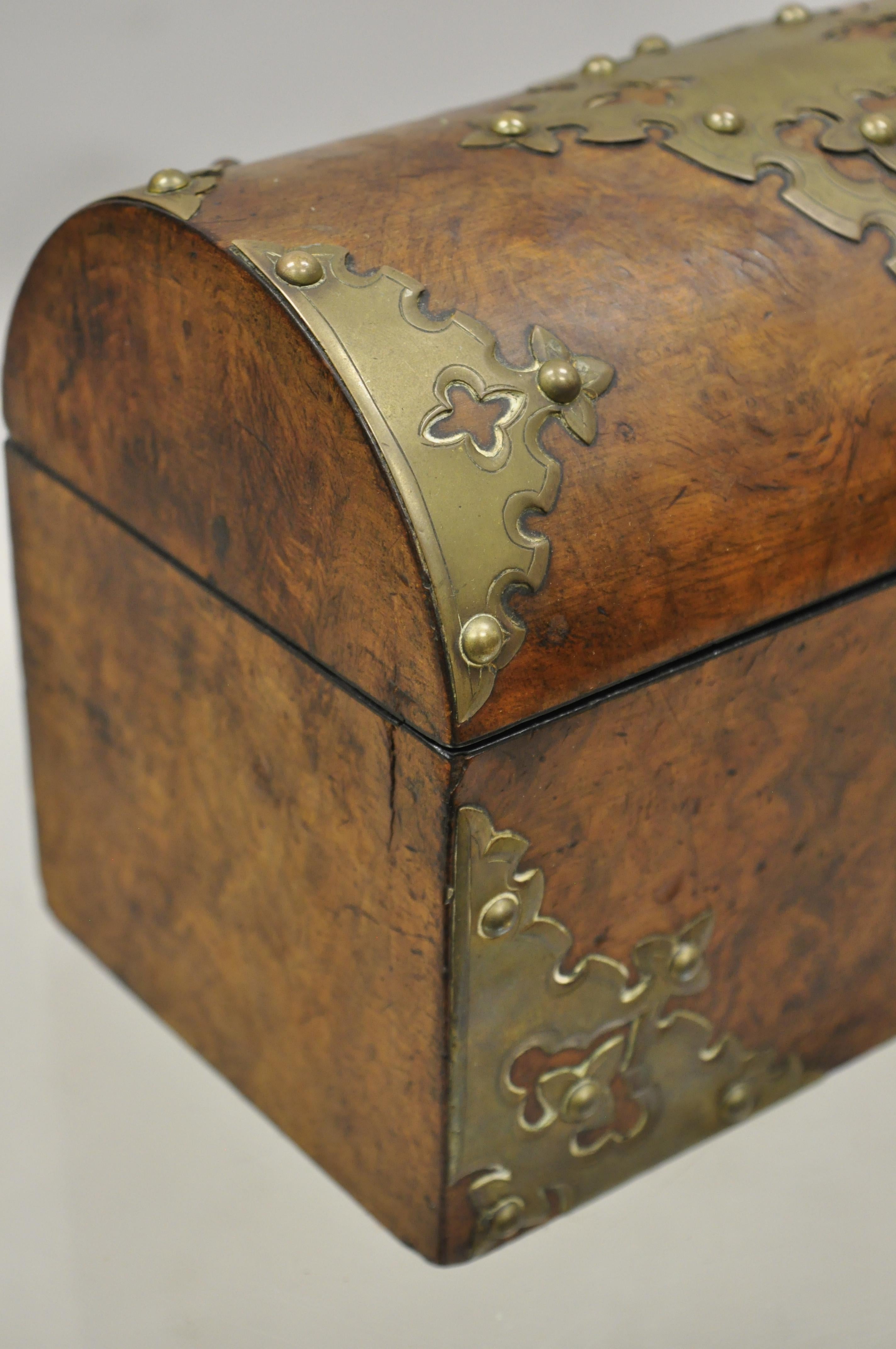 Antique 19th Century Burl Wood and Brass Tea Caddy Trinket Document Desk Box 1