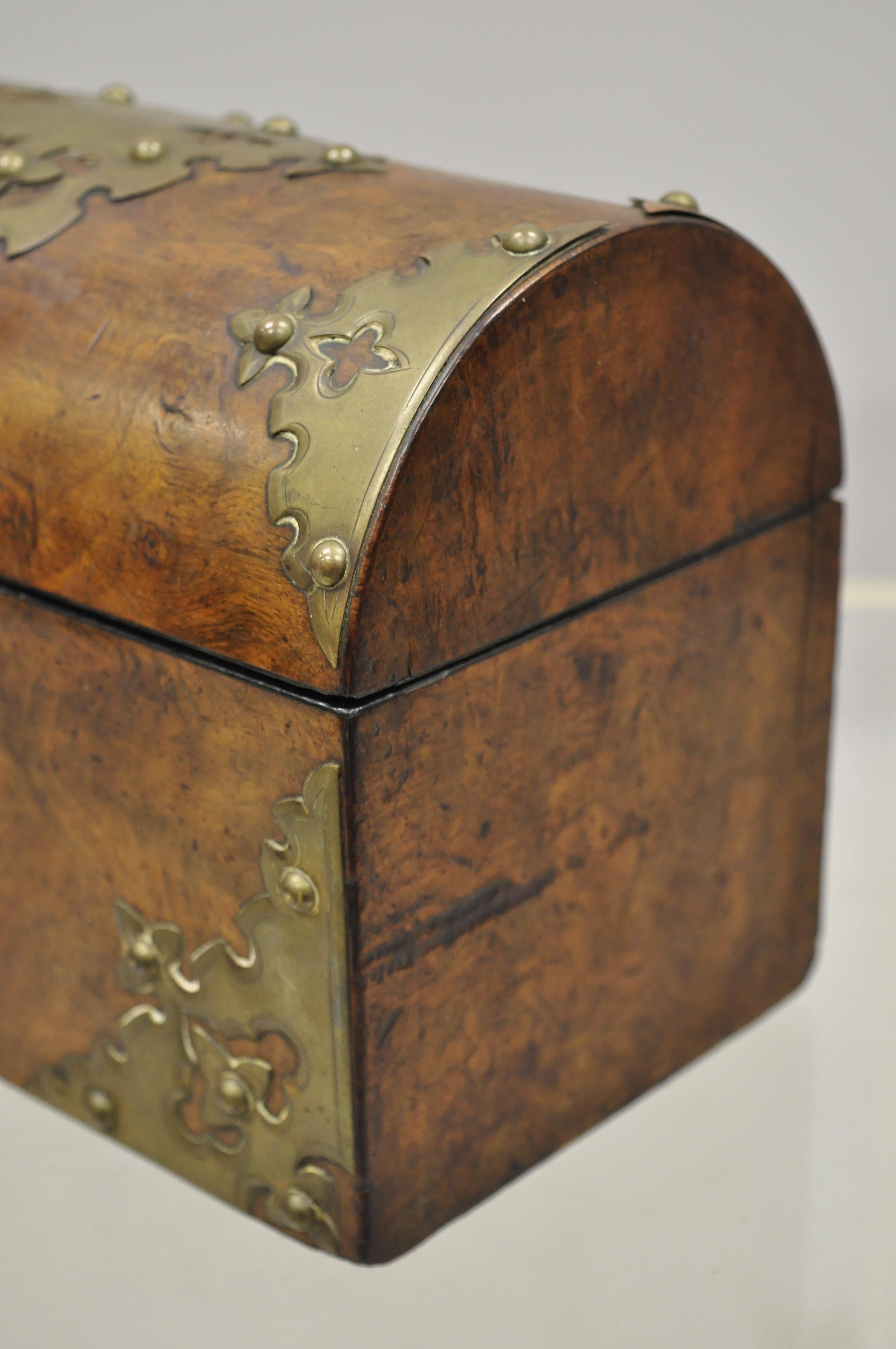 Antique 19th Century Burl Wood and Brass Tea Caddy Trinket Document Desk Box 4