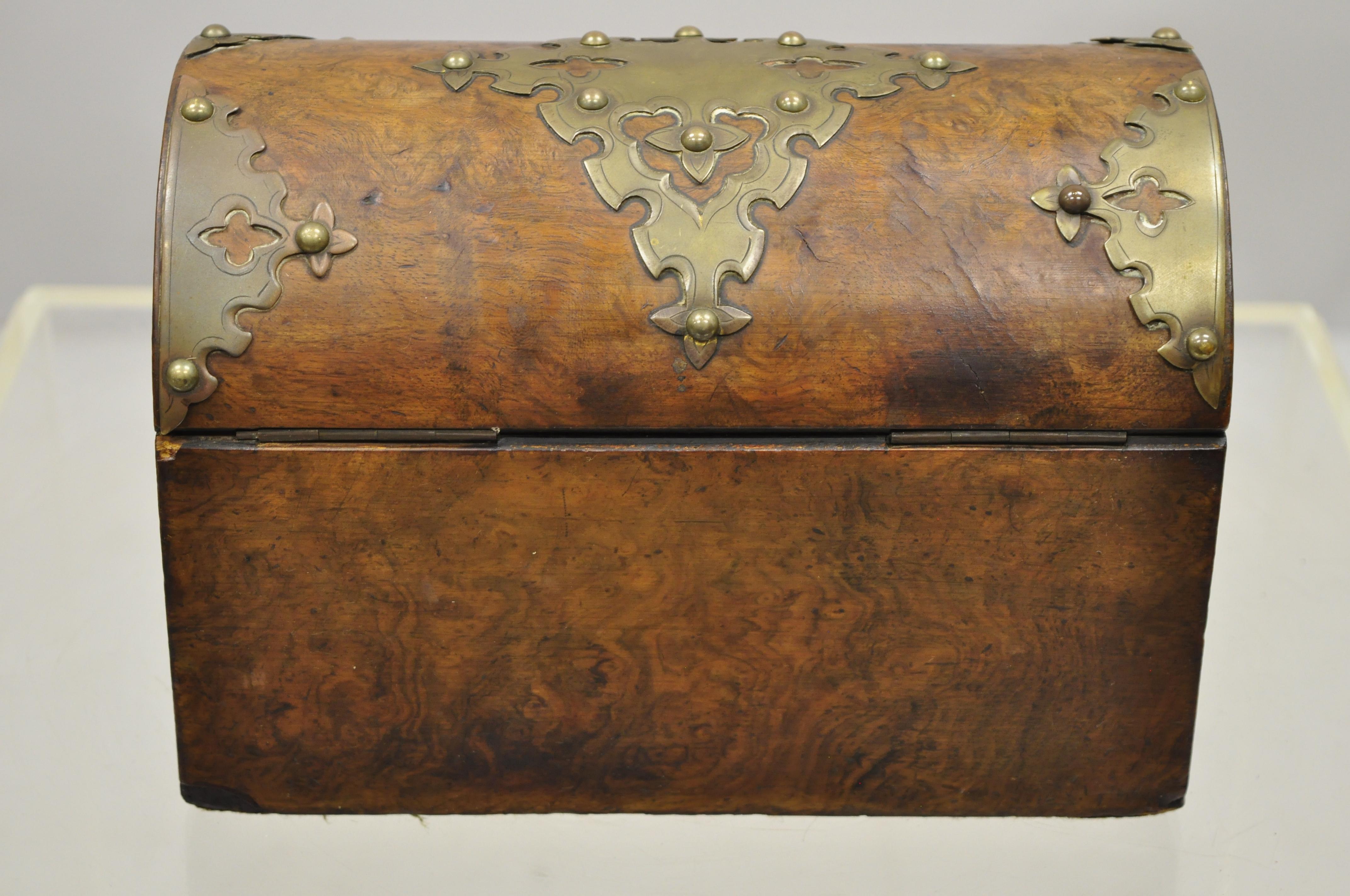 Antique 19th Century Burl Wood and Brass Tea Caddy Trinket Document Desk Box 5