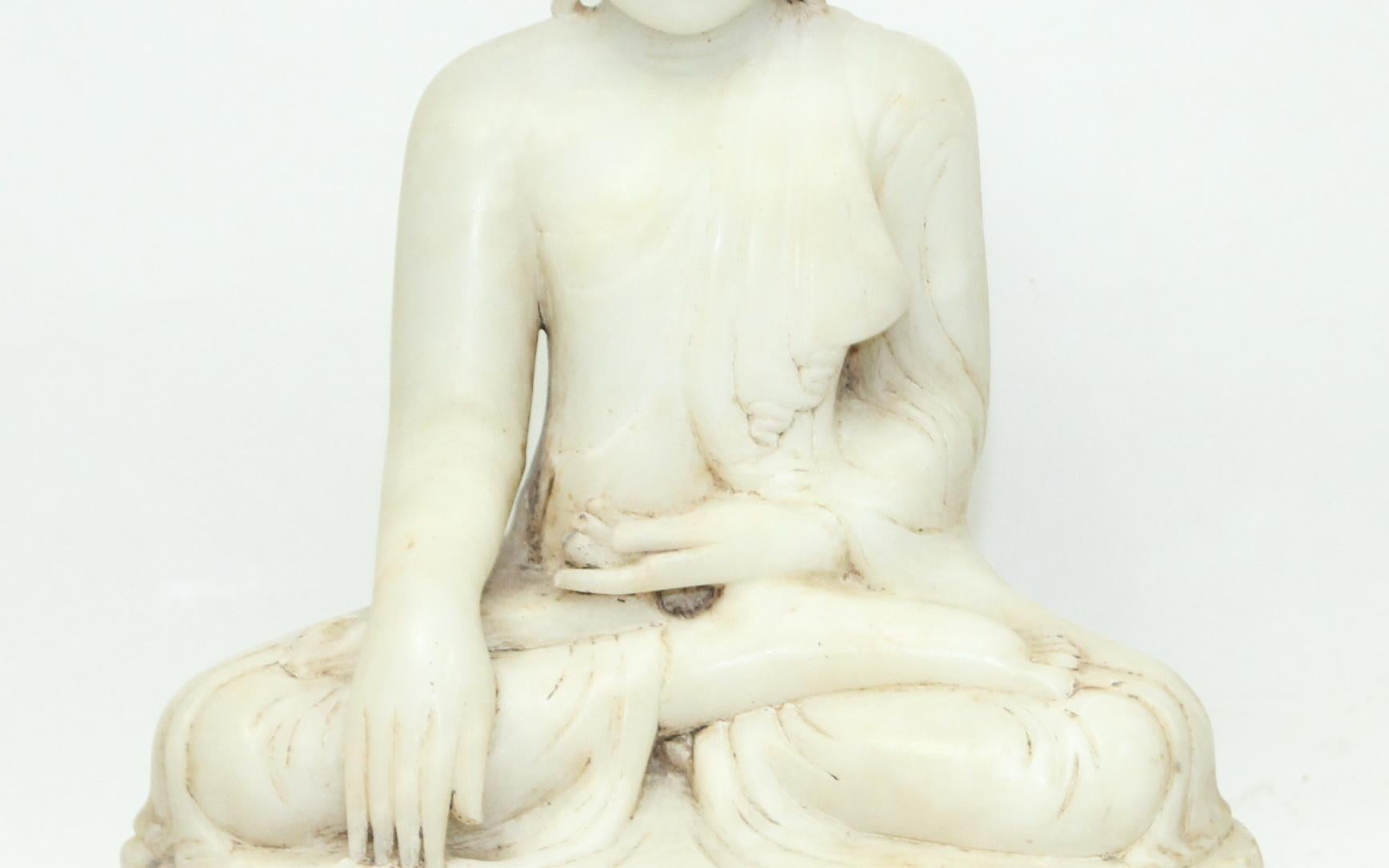 Hand-Carved Antique 19th Century Burmese Alabaster Seated Buddha Sculpture, Mandalay Style