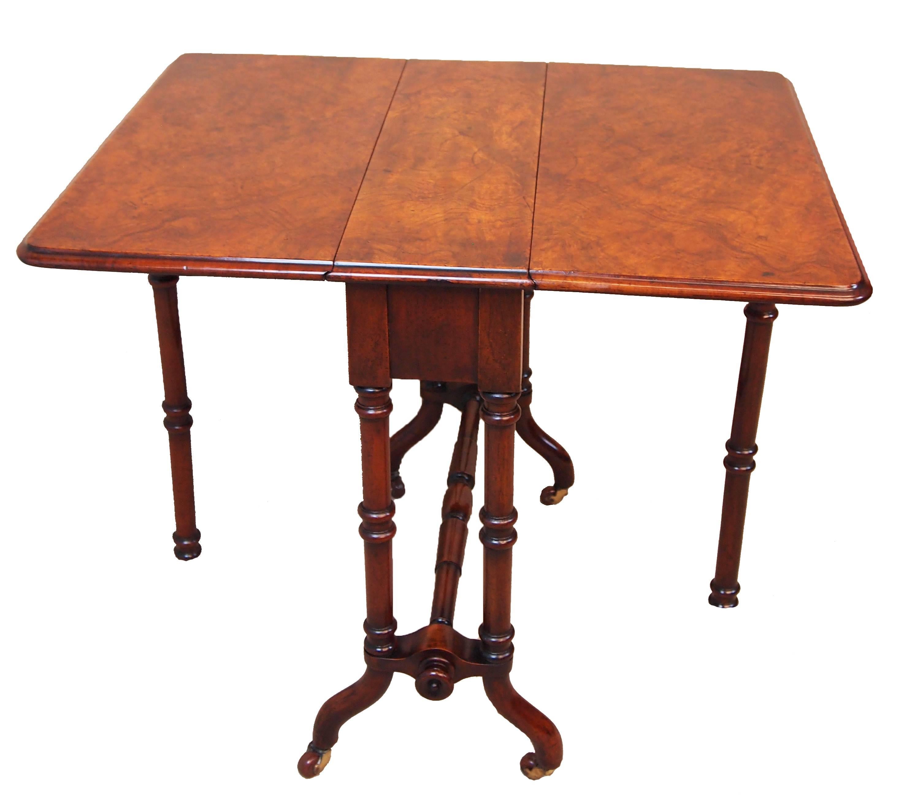 A very good quality late 19th century burr walnut baby
Sutherland table having superbly figured two flap
Top raised on elegant turned upright supports and
Splayed legs

circa 1870

Measures: Height - 23.5in
Width - 7.5in (flaps down)
Width