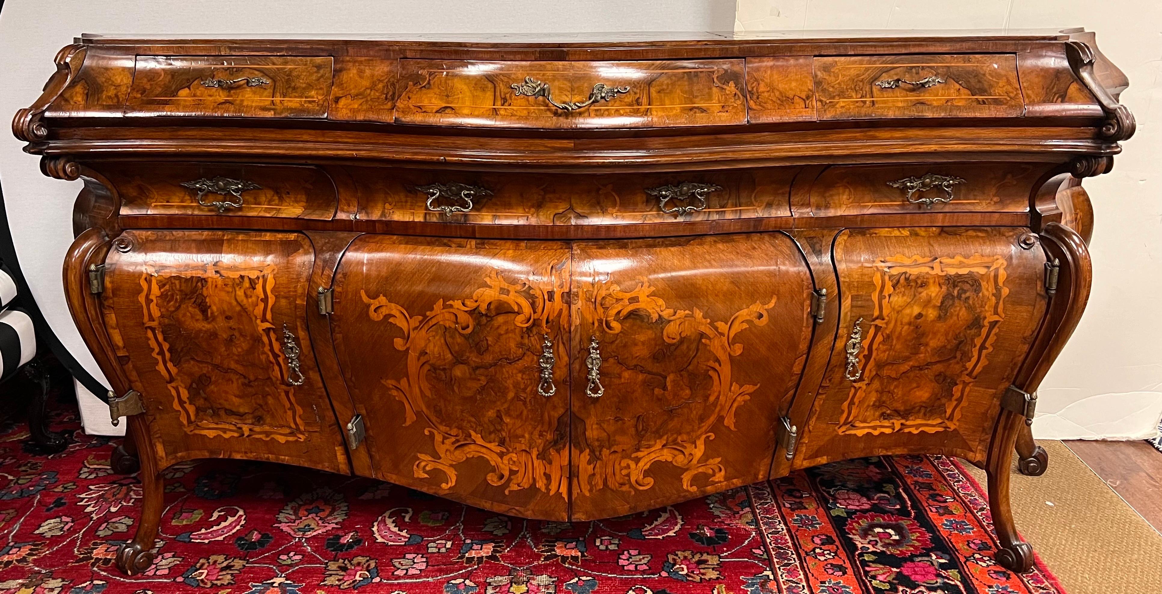 Antique 19th Century Burr Walnut Marquetry French Bombe 8FT Sideboard Buffet In Good Condition For Sale In West Hartford, CT
