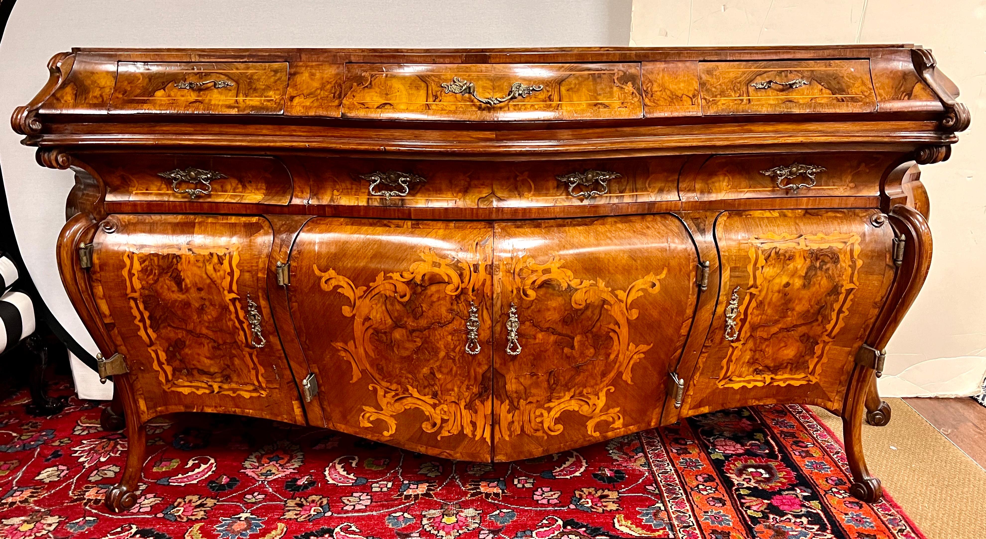 Brass Antique 19th Century Burr Walnut Marquetry French Bombe 8FT Sideboard Buffet For Sale