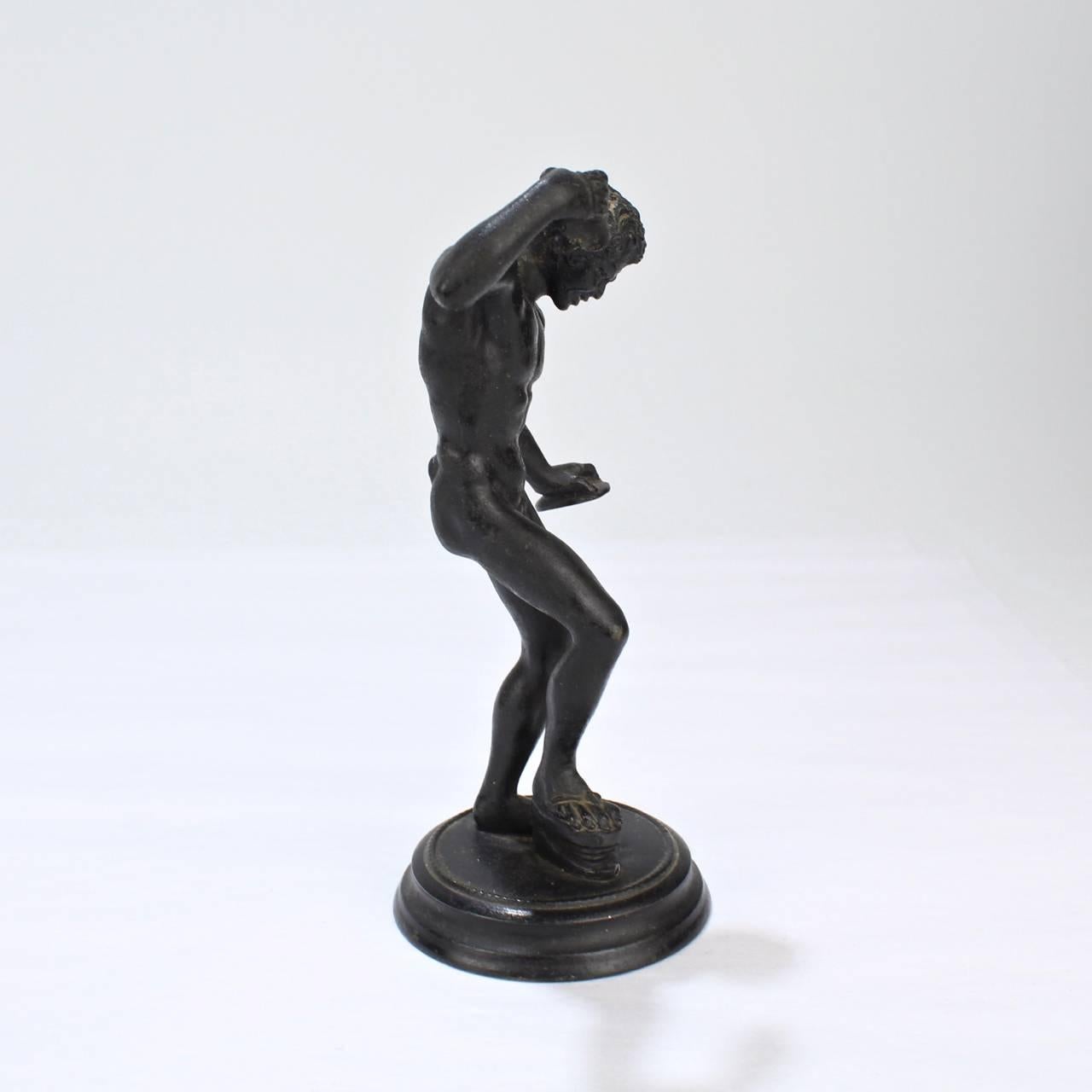 A good cabinet-sized Grand Tour bronze sculpture of the Dancing Faun with Cymbals.

Cast after the Roman marble from the Tribuna gallery in the Uffizi. 

With a rich, near-black patina and a few minor casting flaws to the surface.

Provenance: