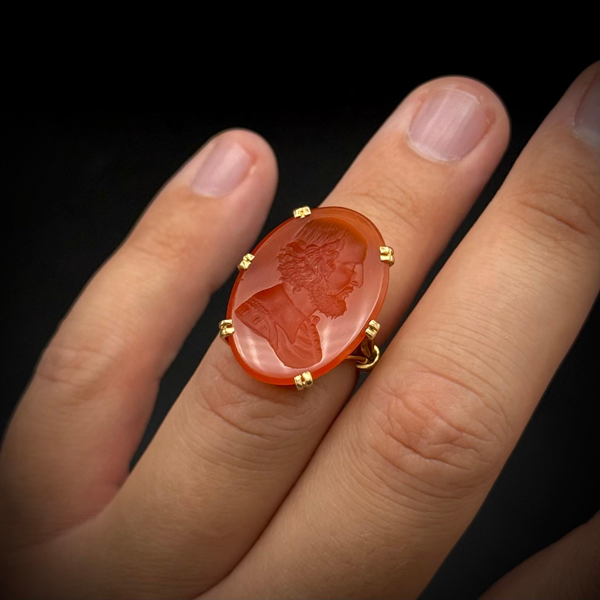 Antique 19th Century Carnelian Intaglio Ring in 19.2K yellow gold, Portugal, Hallmark and Maker’s Mark. This extraordinary piece features a beautifully detailed carnelian intaglio, showcasing the profile portrait of a bearded male figure. The