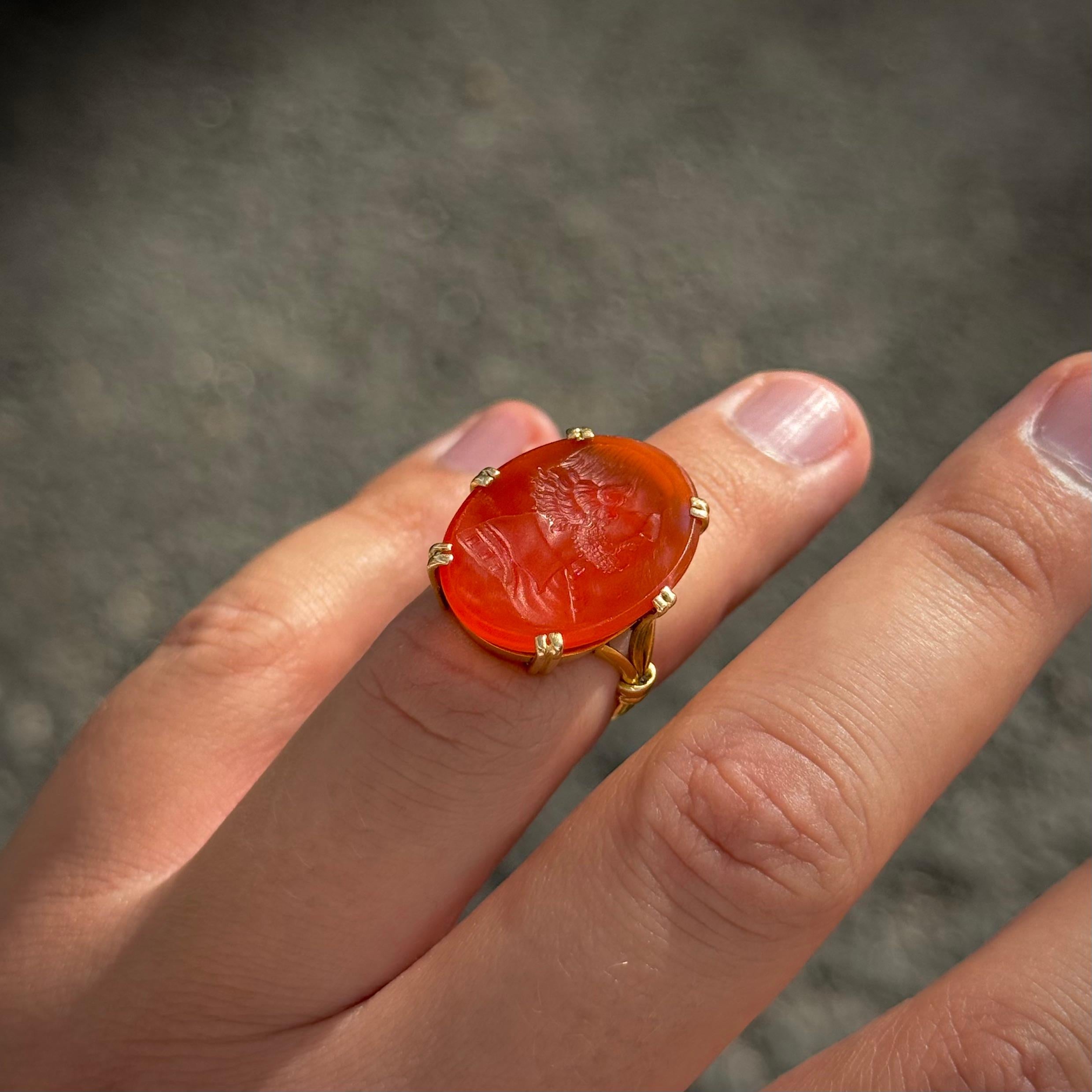 Late Victorian Antique 19th Century Carnelian Bearded Man Intaglio Ring Yellow Gold Portuguese For Sale