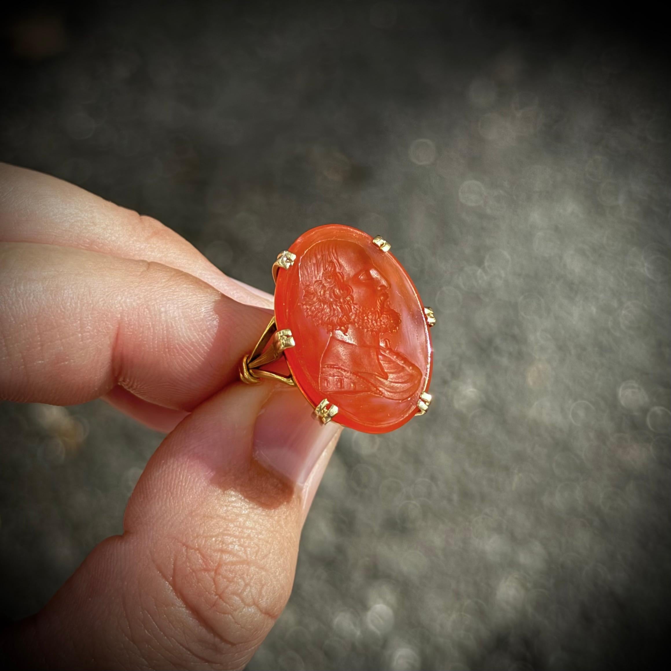 Oval Cut Antique 19th Century Carnelian Bearded Man Intaglio Ring Yellow Gold Portuguese For Sale
