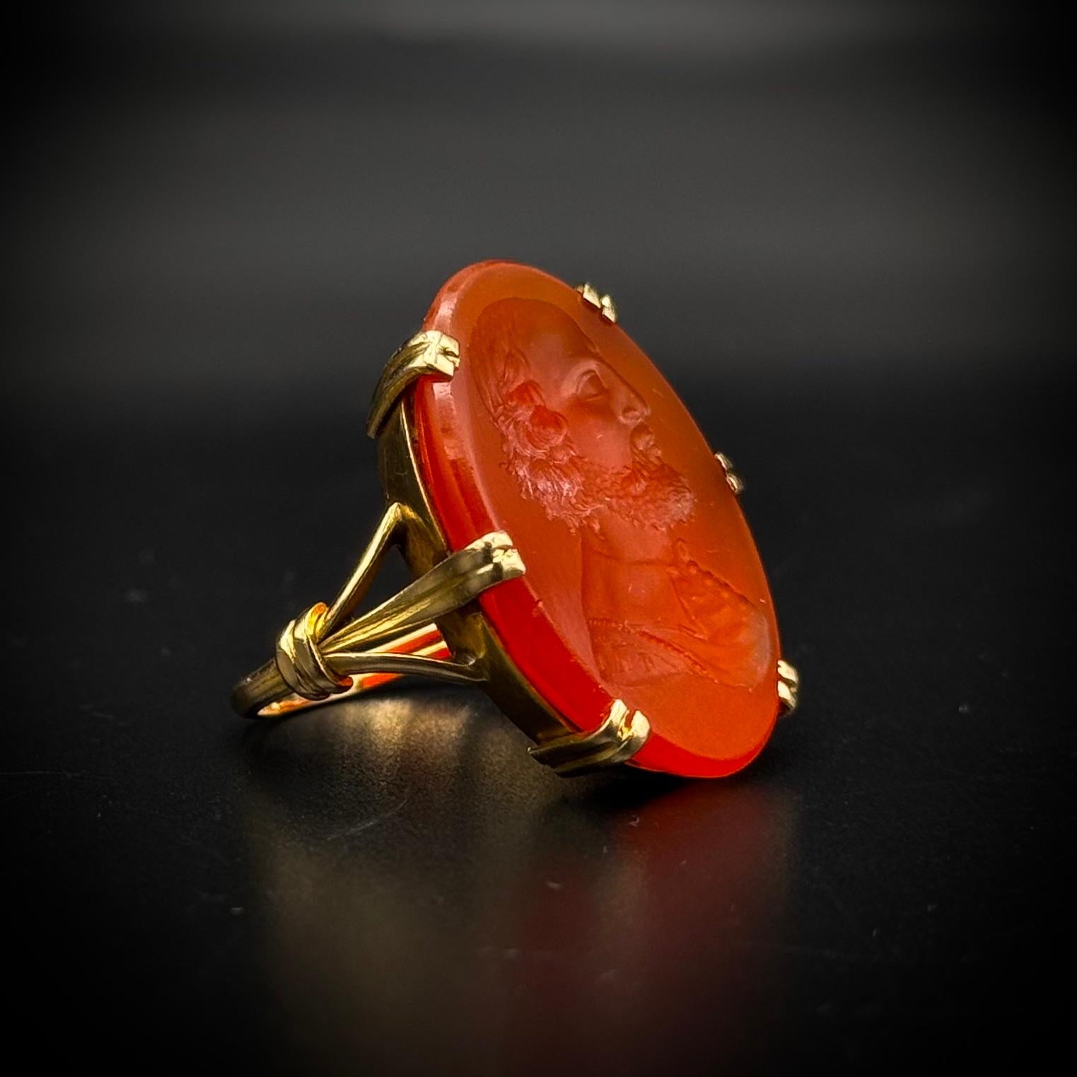 Women's or Men's Antique 19th Century Carnelian Bearded Man Intaglio Ring Yellow Gold Portuguese For Sale
