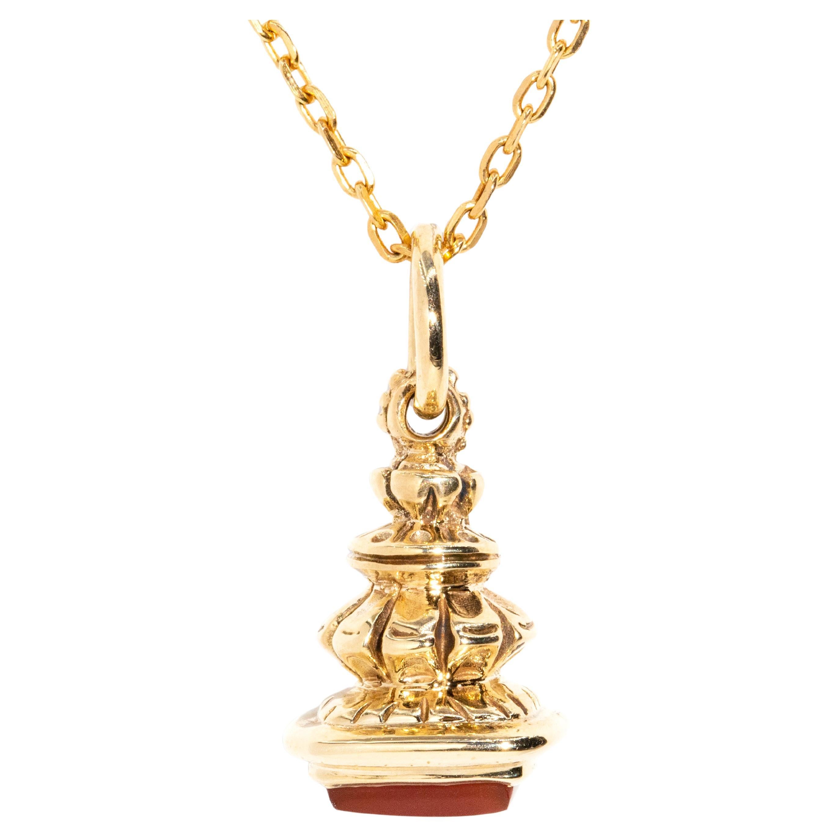 Antique 19th Century Carnelian Seal Pendant & Chain 9 Carat Yellow Gold For Sale