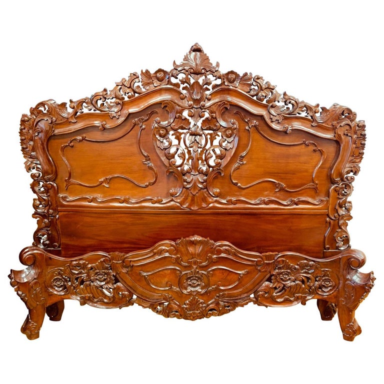 Antique 19th Century Carved French Mahogany Queen Bed Headboard Footboard  Rails at 1stDibs