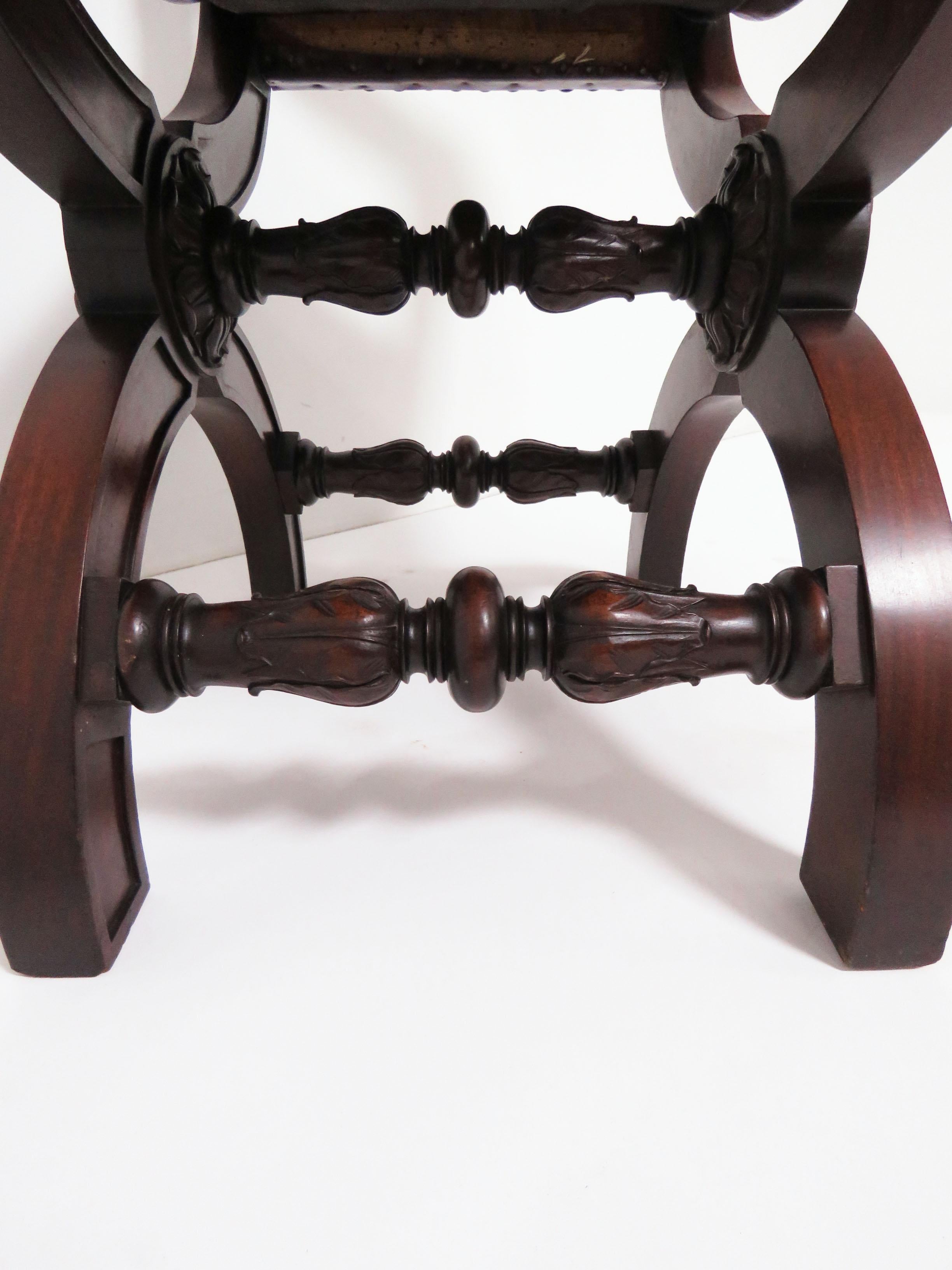 Antique 19th Century Carved Mahogany Curule Chair with Leather Slings 1