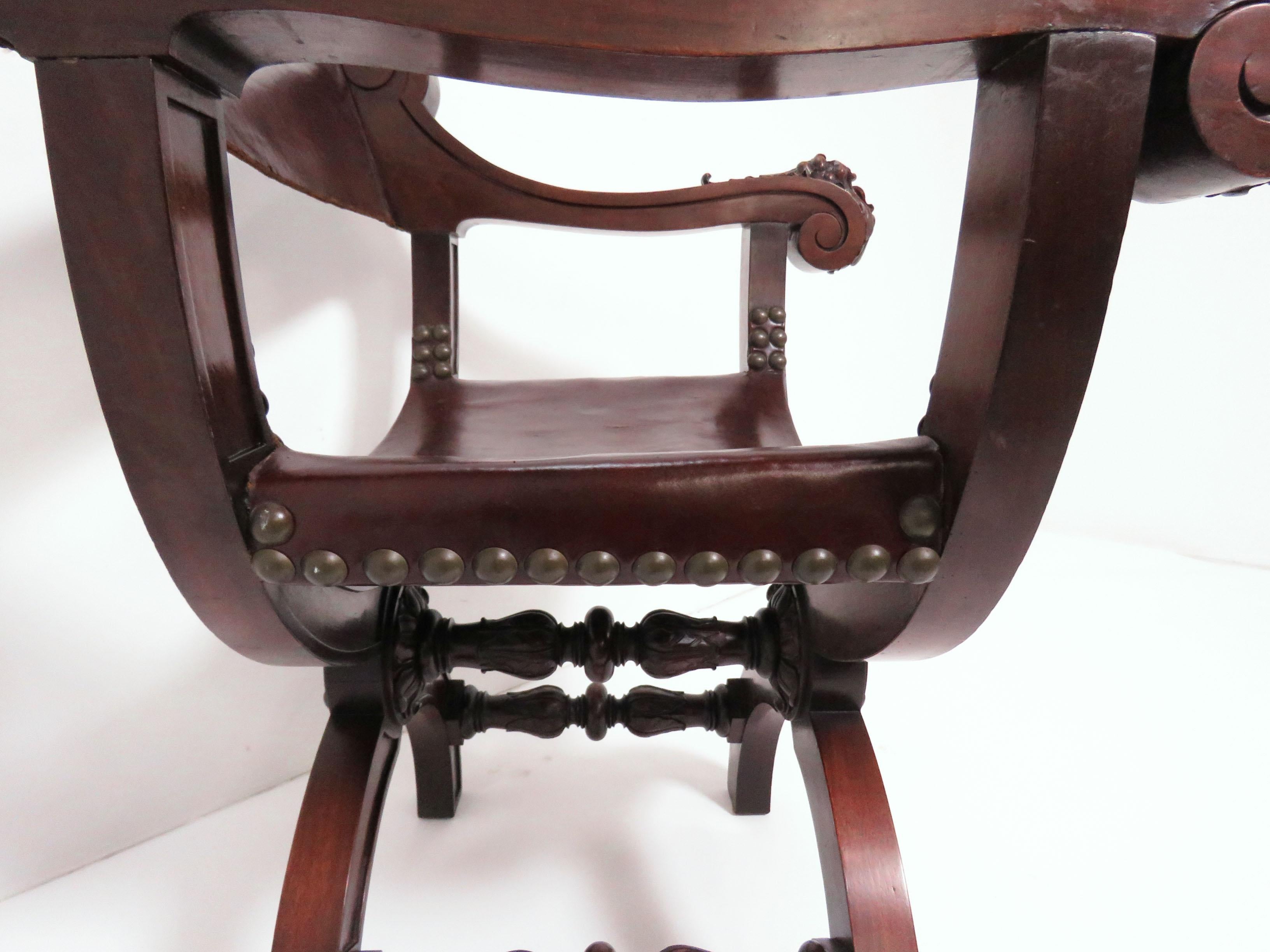 Antique 19th Century Carved Mahogany Curule Chair with Leather Slings 2