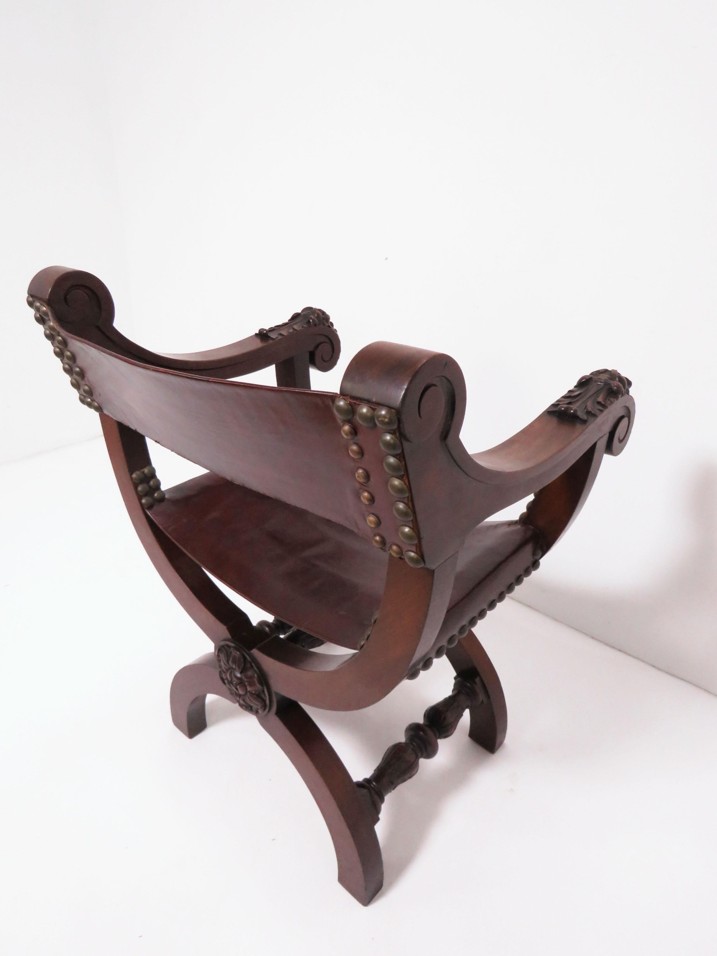 Antique 19th Century Carved Mahogany Curule Chair with Leather Slings 5