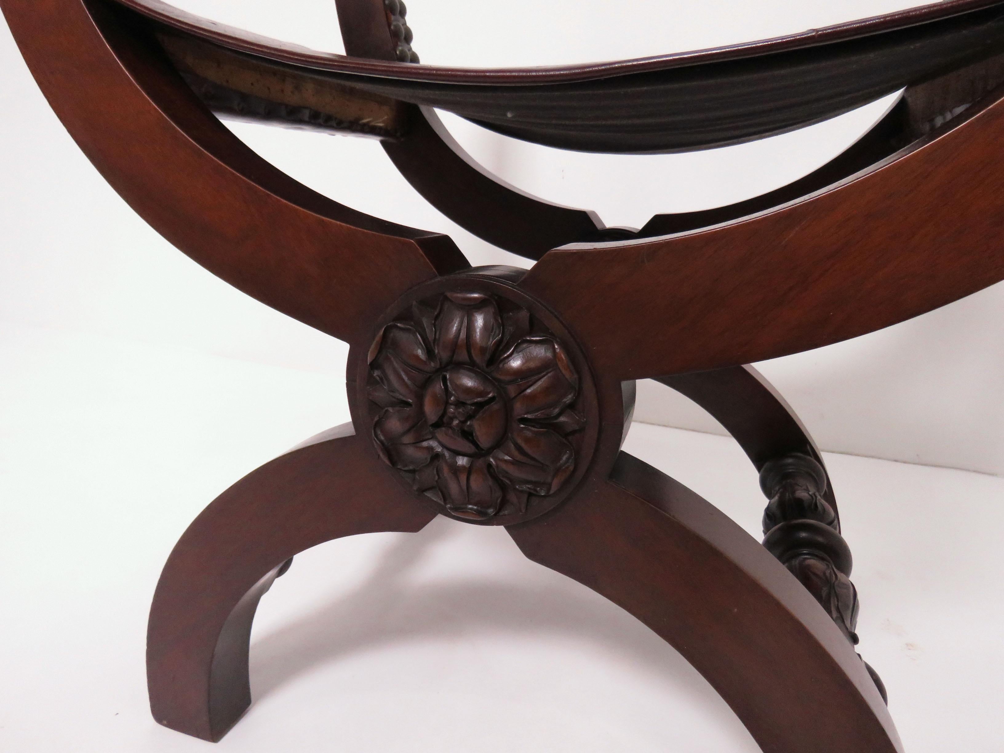 Antique 19th Century Carved Mahogany Curule Chair with Leather Slings 9